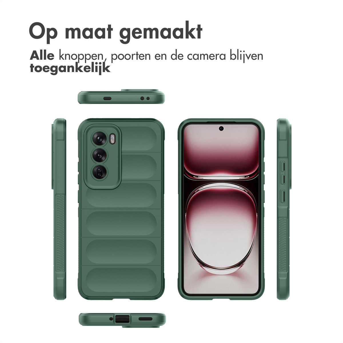 Groene telefoonhoes met camera-uitsparingen. Toont verschillende aanzichten, met tekst.