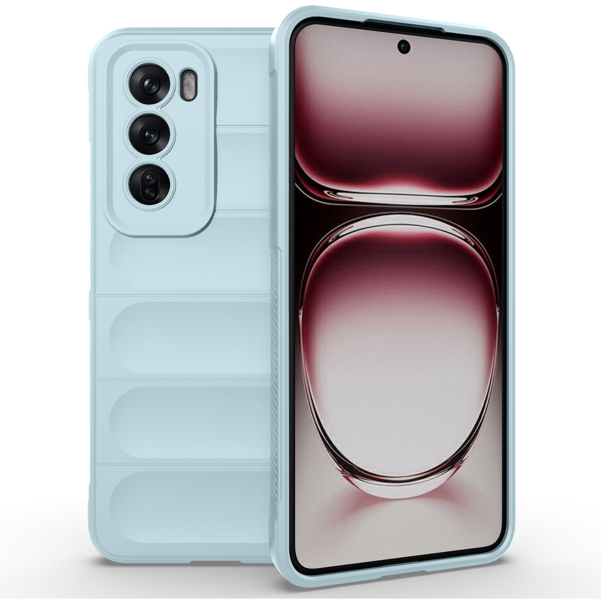 Lichtblauwe telefoonhoes met telefoon met drievoudige camera's. De hoes heeft een uniek ontwerp.