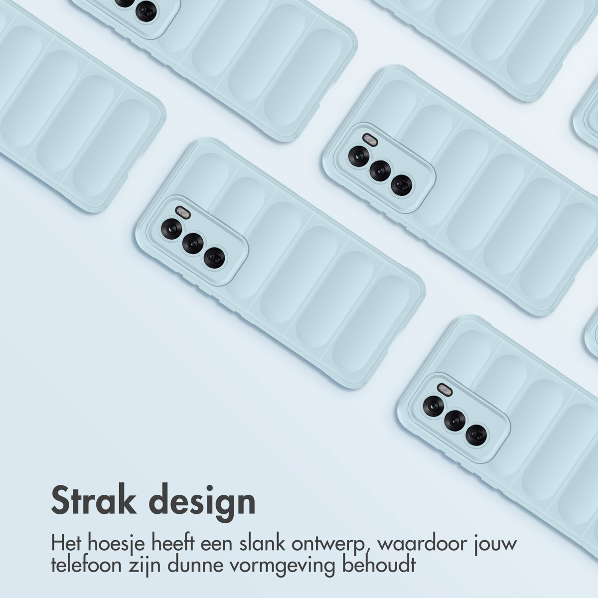 Verschillende lichtblauwe telefoonhoesjes, met een strak ontwerp, gerangschikt op een oppervlak. Blauwe achtergrond.