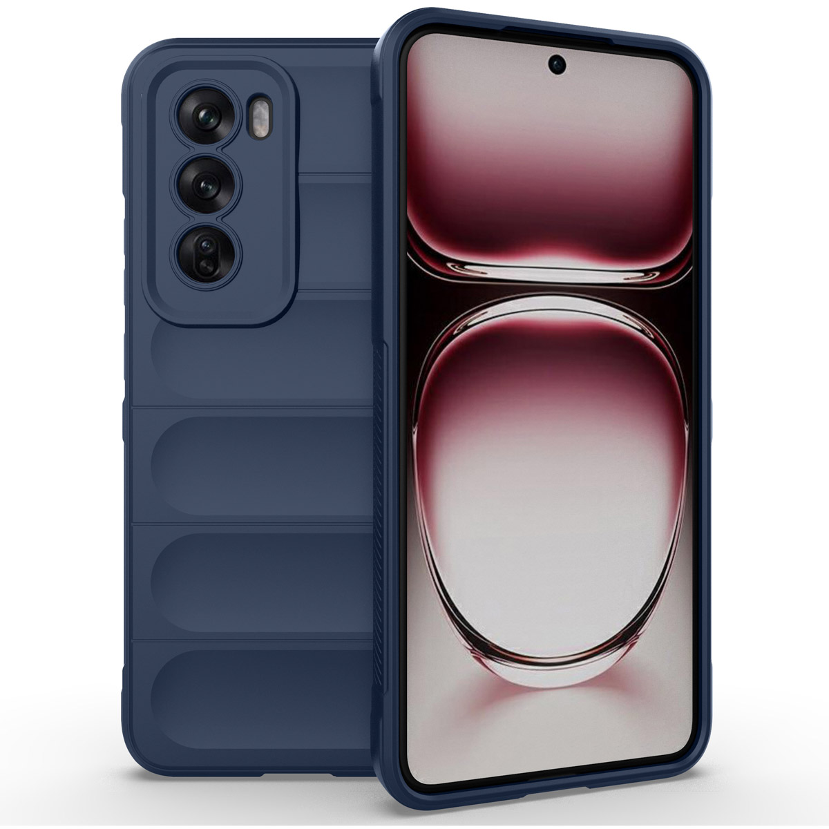 Une coque de téléphone bleu foncé avec un téléphone à l'intérieur. Le boîtier est texturé.