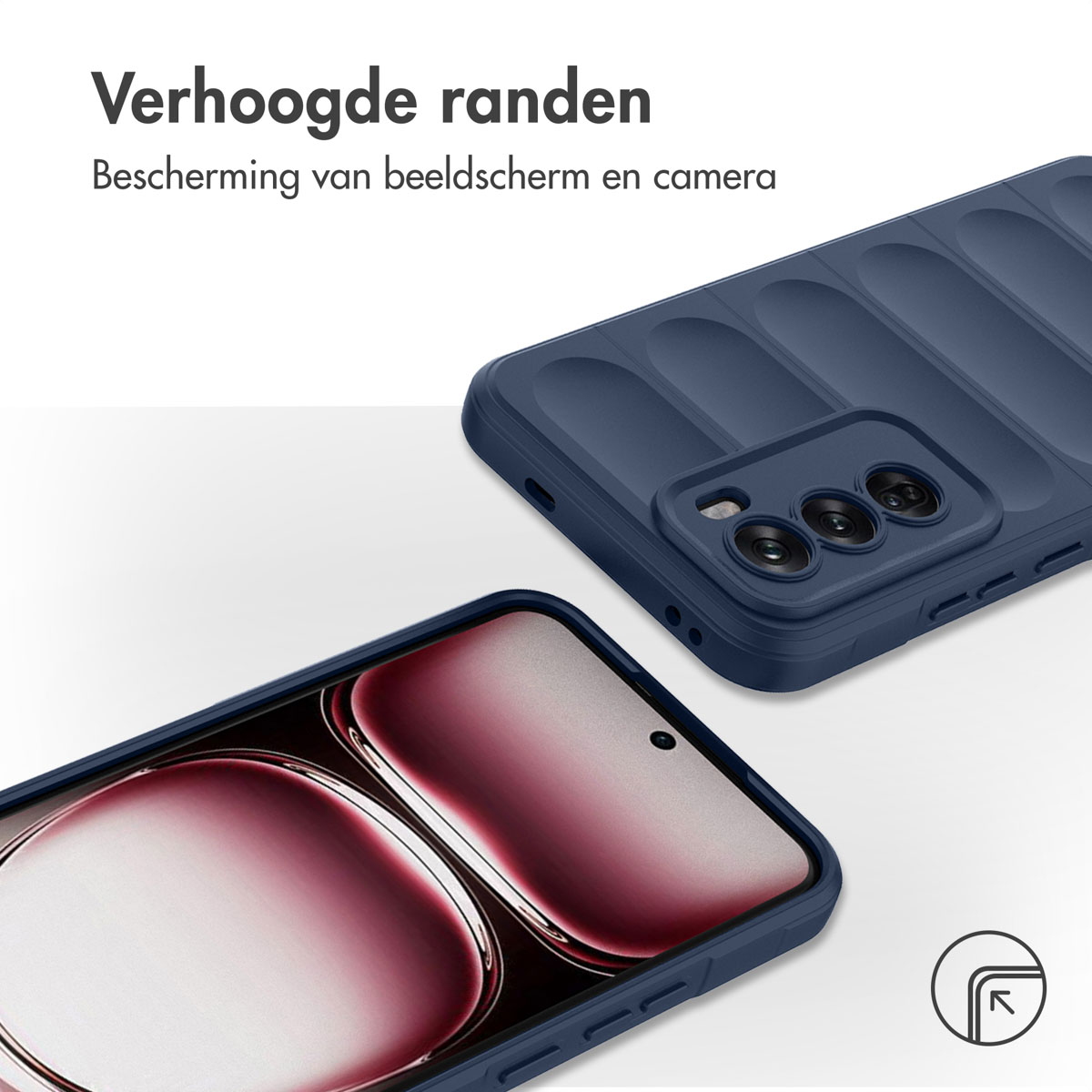Gros plan sur une coque de téléphone bleue. Le texte dit : "Bords surélevés".