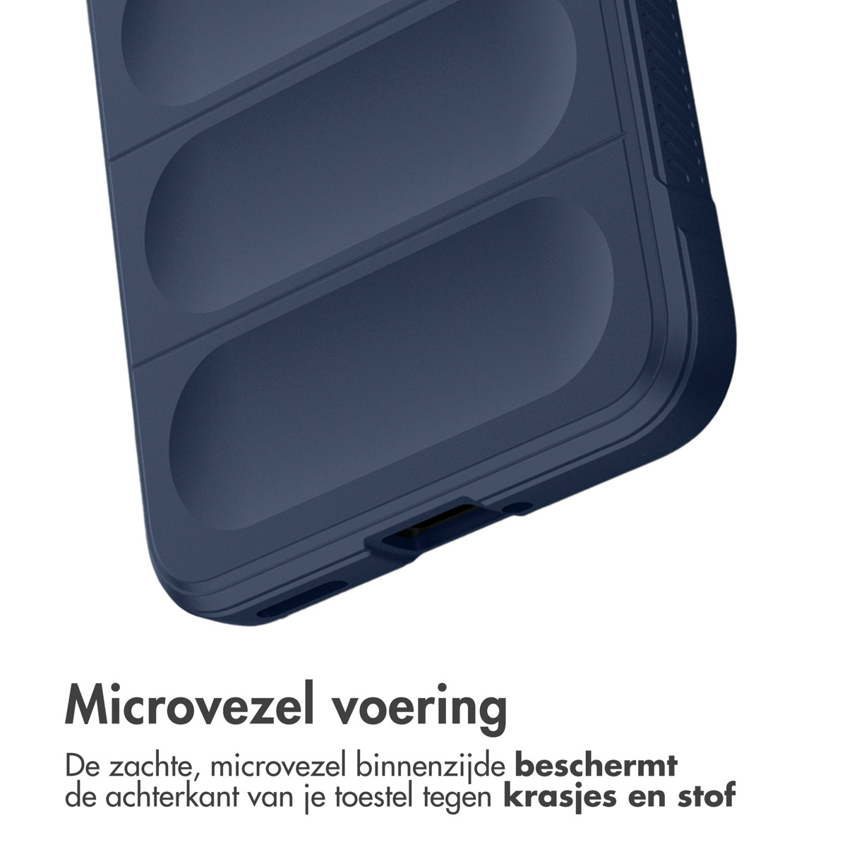 Une coque de téléphone bleu foncé avec une surface texturée. Le texte décrit la doublure intérieure douce.