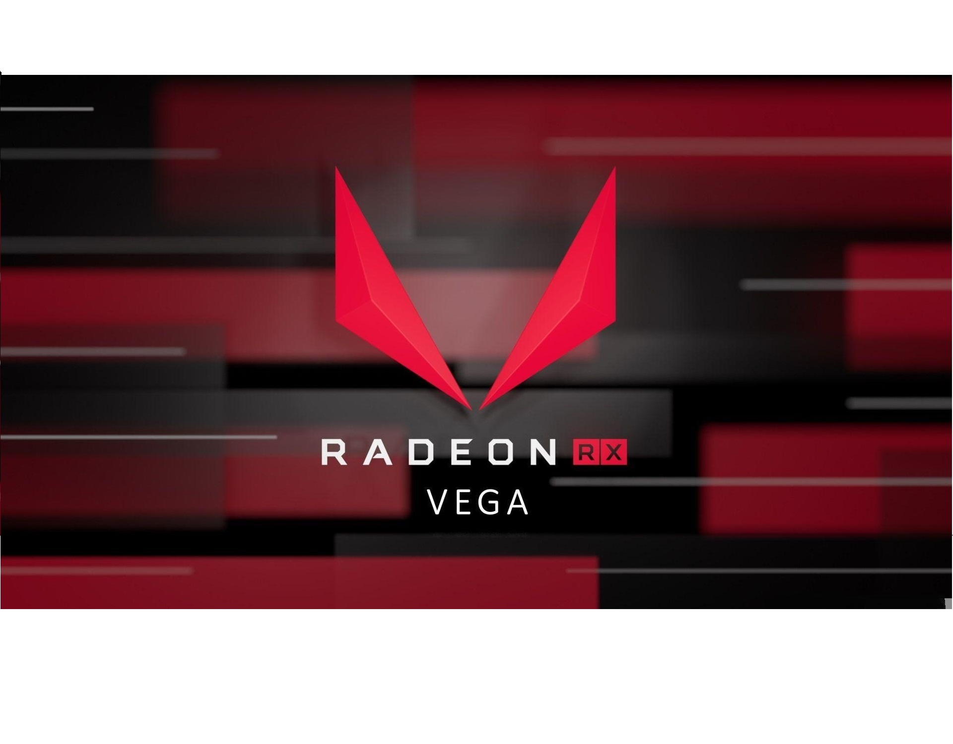 Logo Radeon RX Vega rosso e nero su sfondo sfocato. Rettangoli neri e rossi.