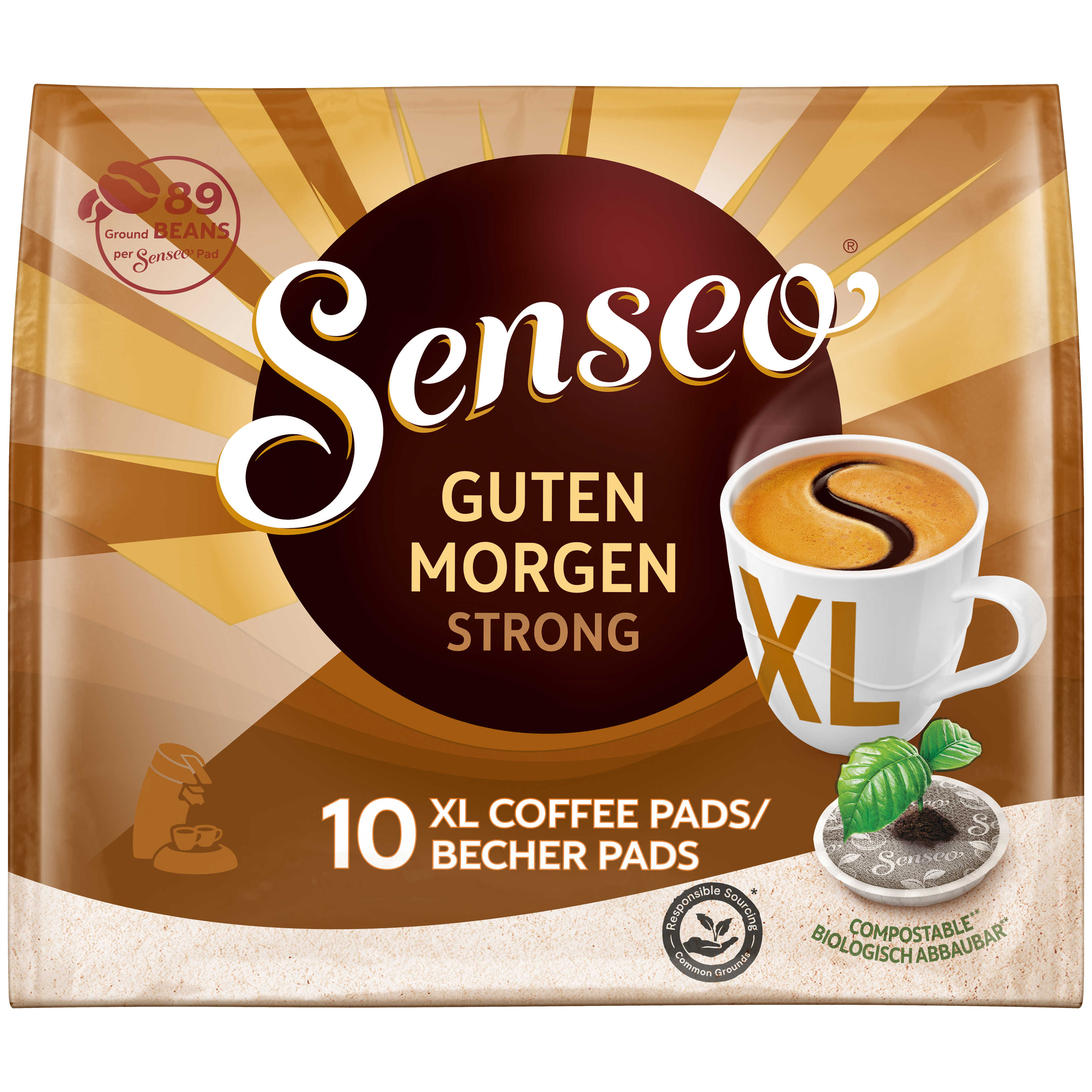 Kaffeepads-Verpackung. Text: 'Guten Morgen Strong' mit Kaffeetassen-Illustration.