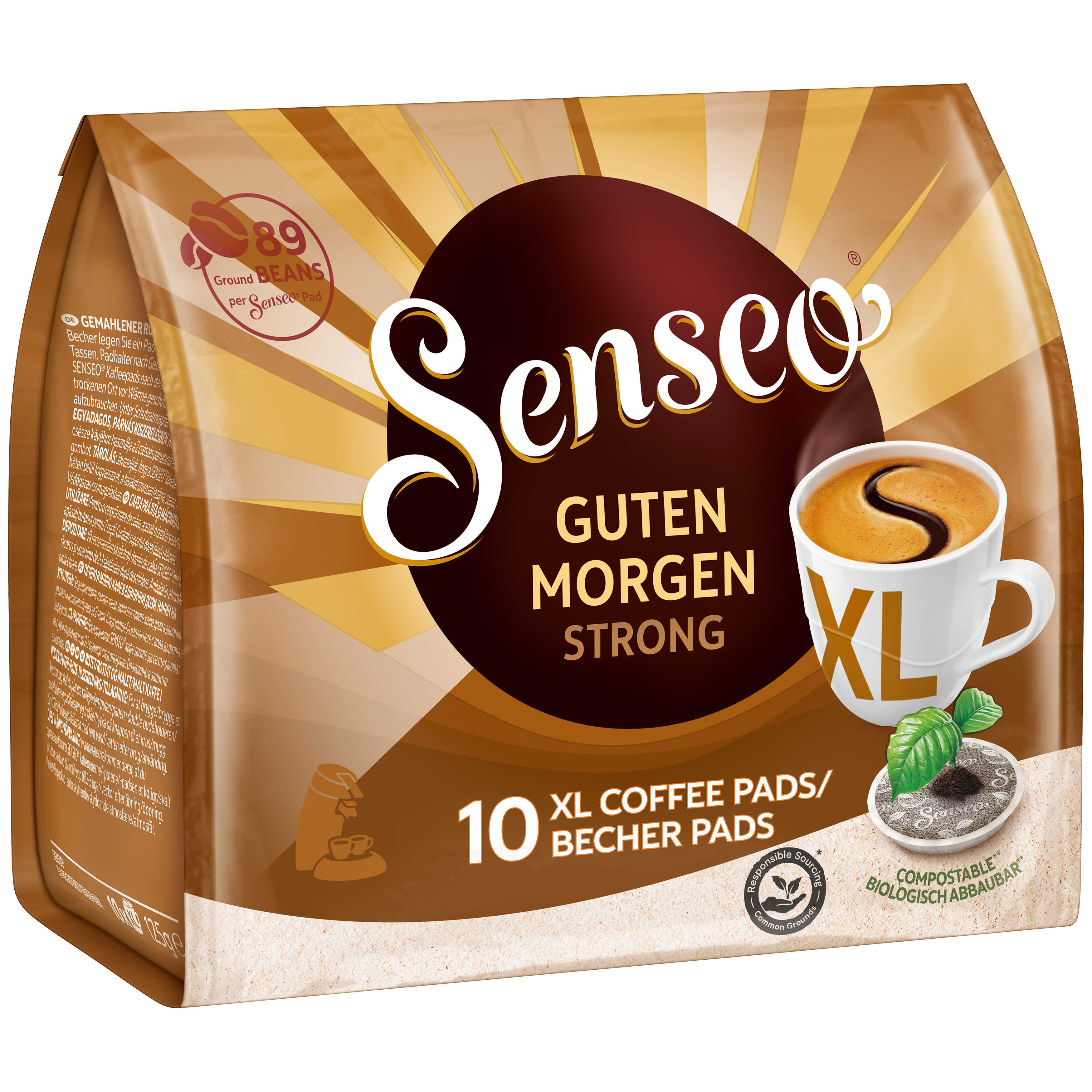Eine Kaffeepad-Tüte mit der Marke, einer Tasse Kaffee und Text.