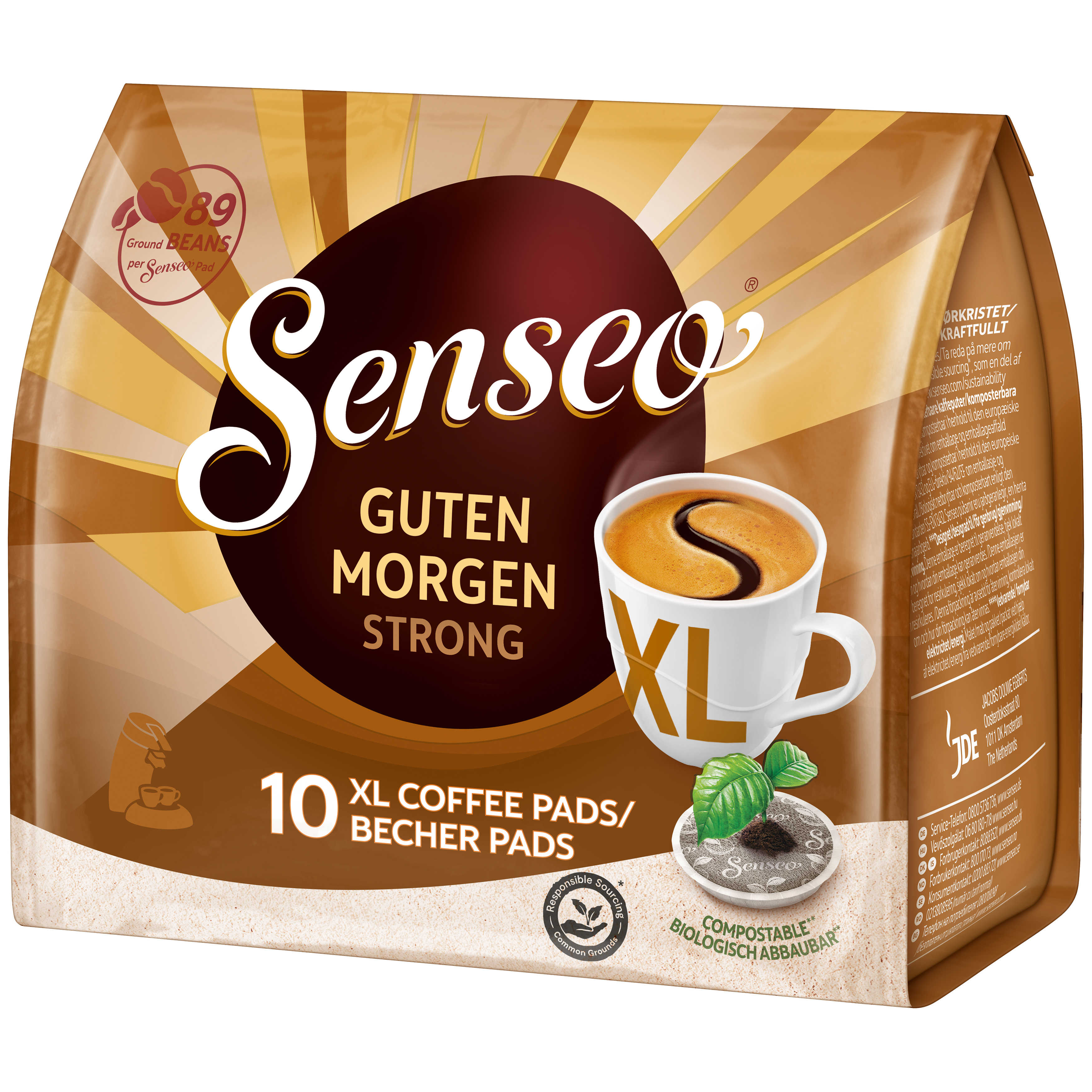 Kaffeepad-Verpackung mit dem Text 'Guten Morgen Strong' und einer Kaffeetasse.