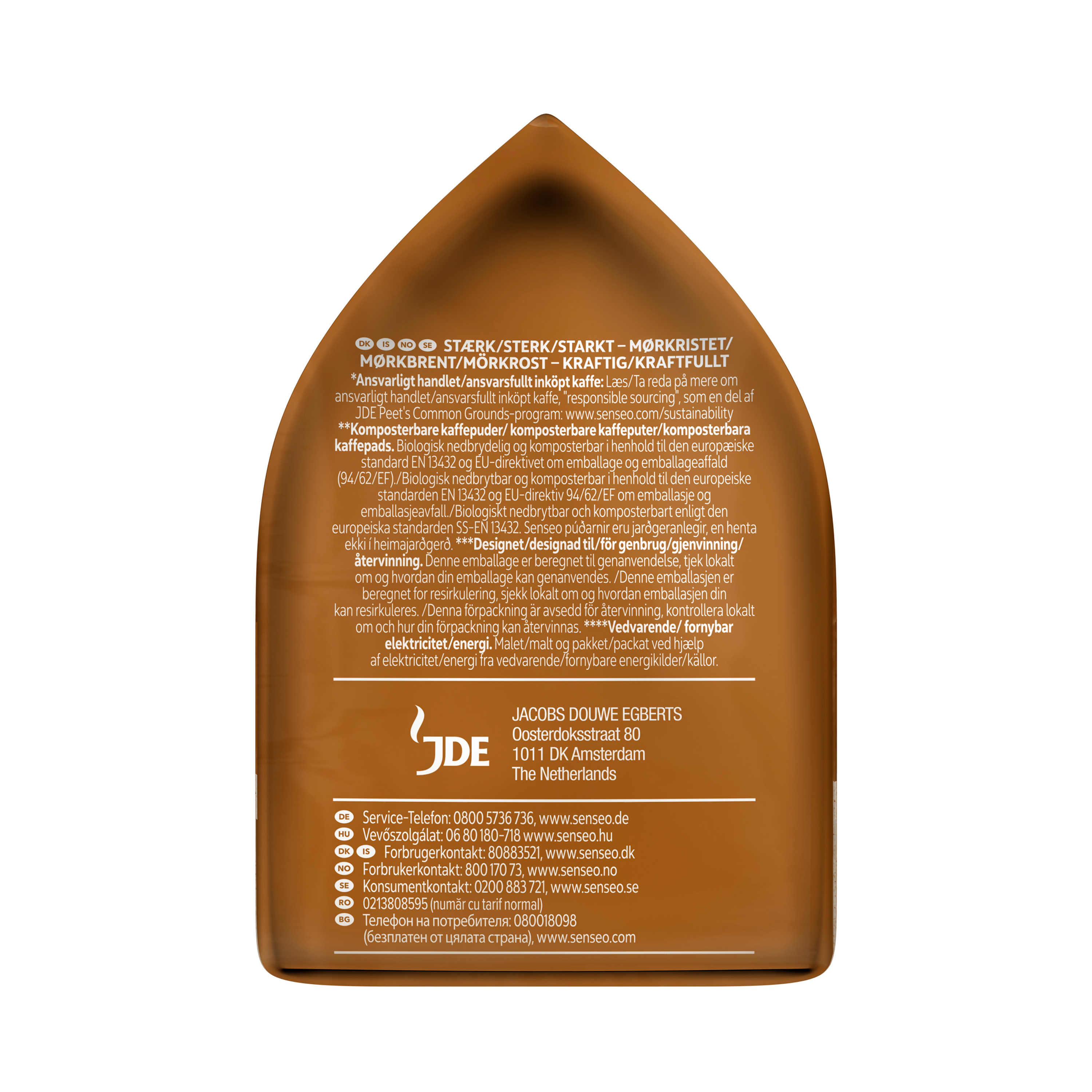 Kaffeeverpackung mit Text und Details. Braun und weiß mit Text.