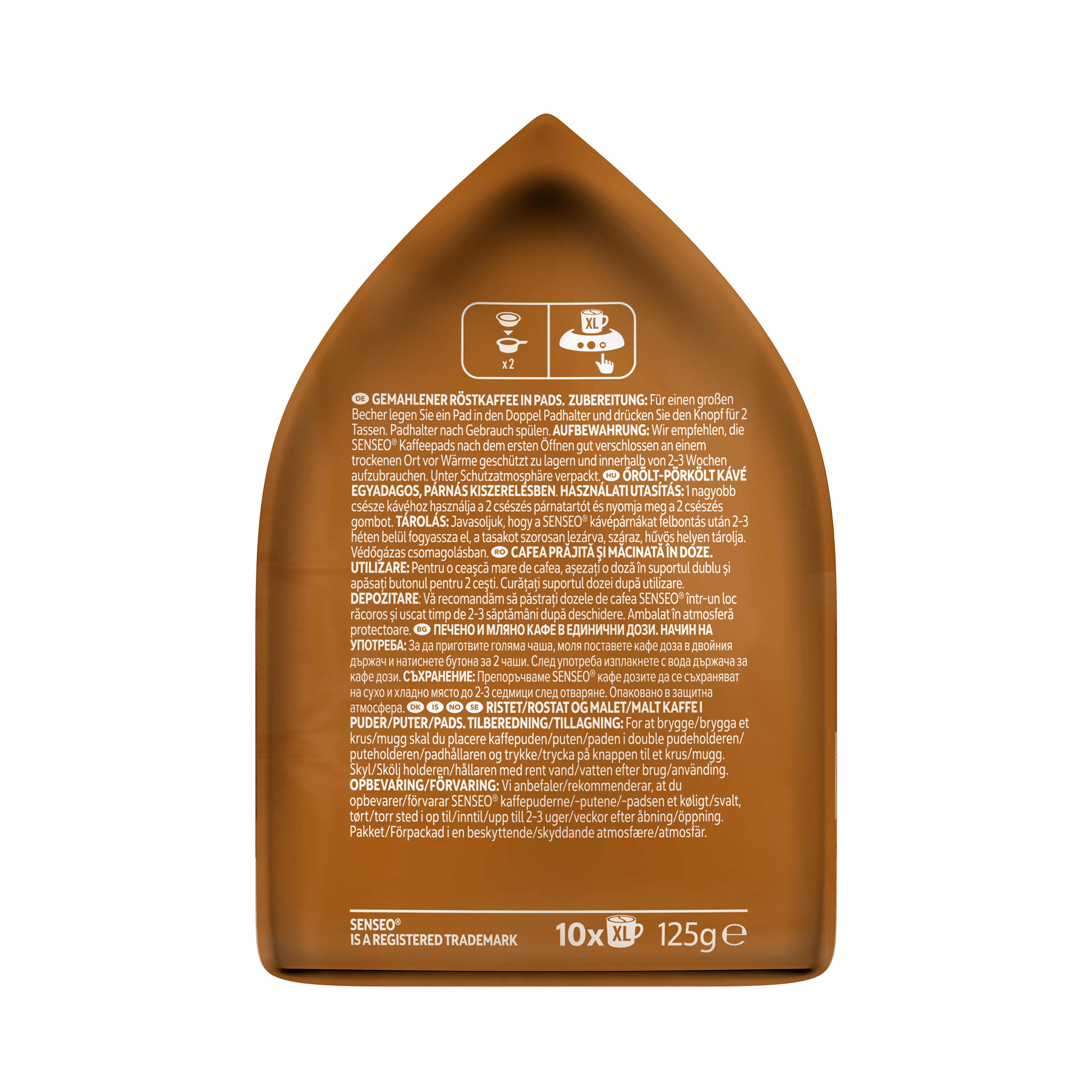 Kaffeepad-Verpackung. Braune Verpackung mit Text und Bildern. Enthält Kaffeepads.