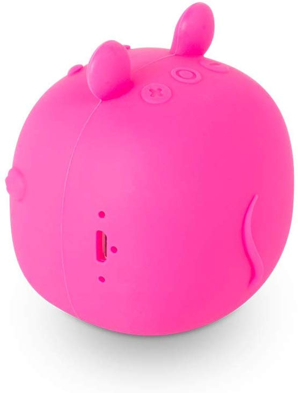 Altavoz rosa, redondo, con orejas, botones y un puerto USB.