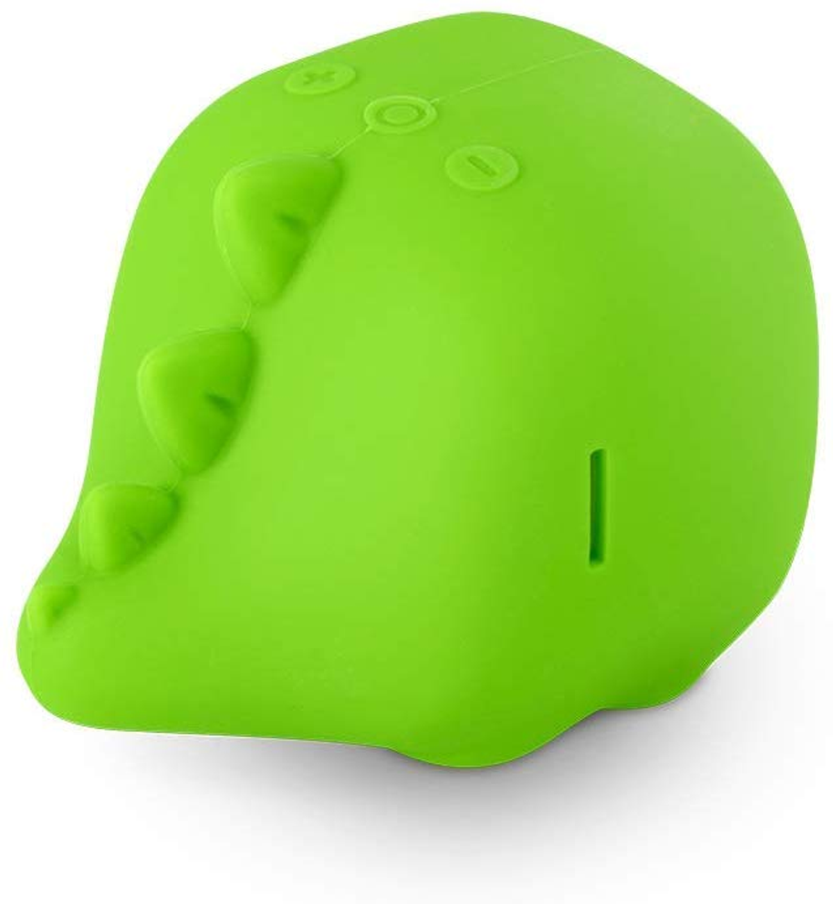 Juguete verde con forma de dinosaurio con botones en la parte superior. Tiene un diseño que parece escamas.