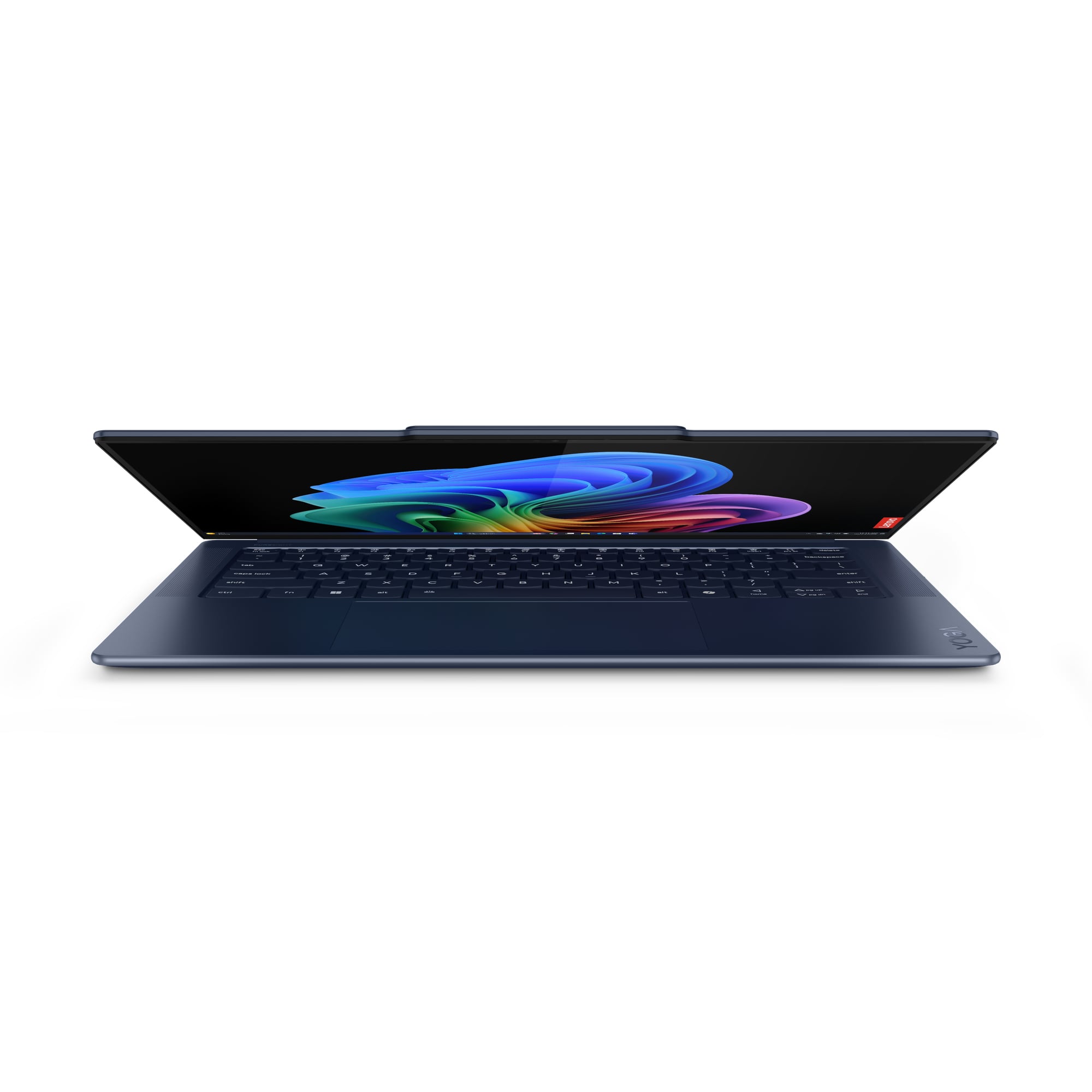 Un laptop blu è aperto, mostra un'immagine colorata sullo schermo. Sfondo bianco.