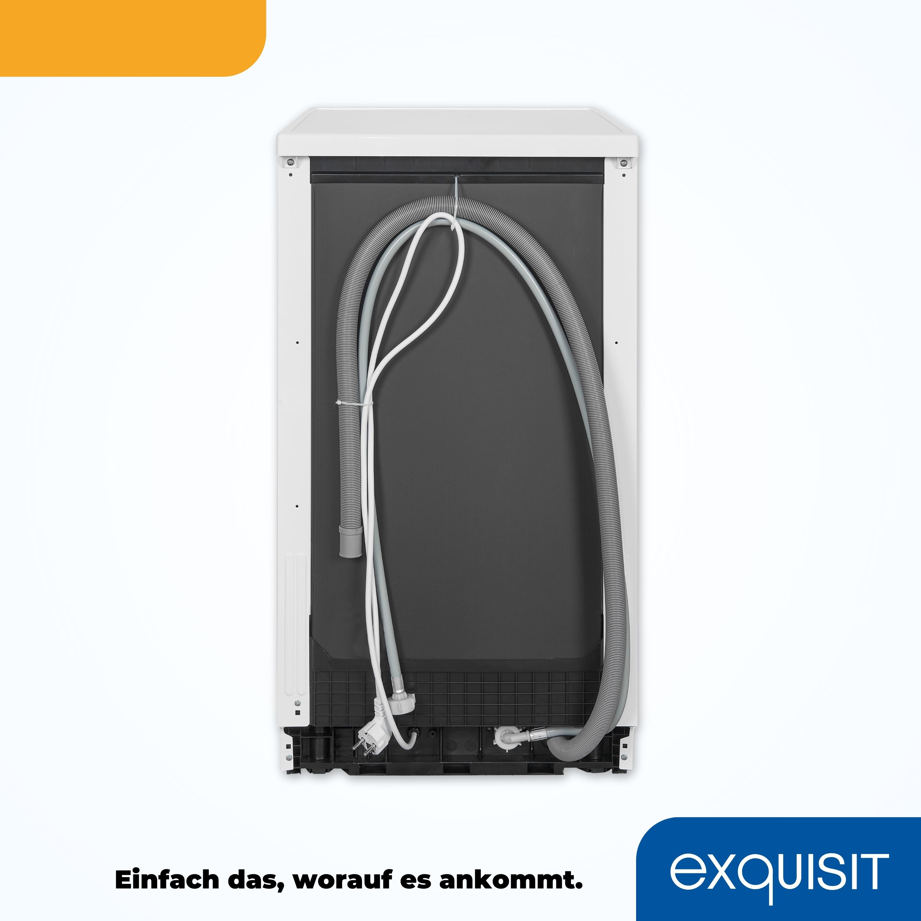 Rückseite eines weißen Geschirrspülers. Graue Schläuche und Anschlüsse innen sichtbar.