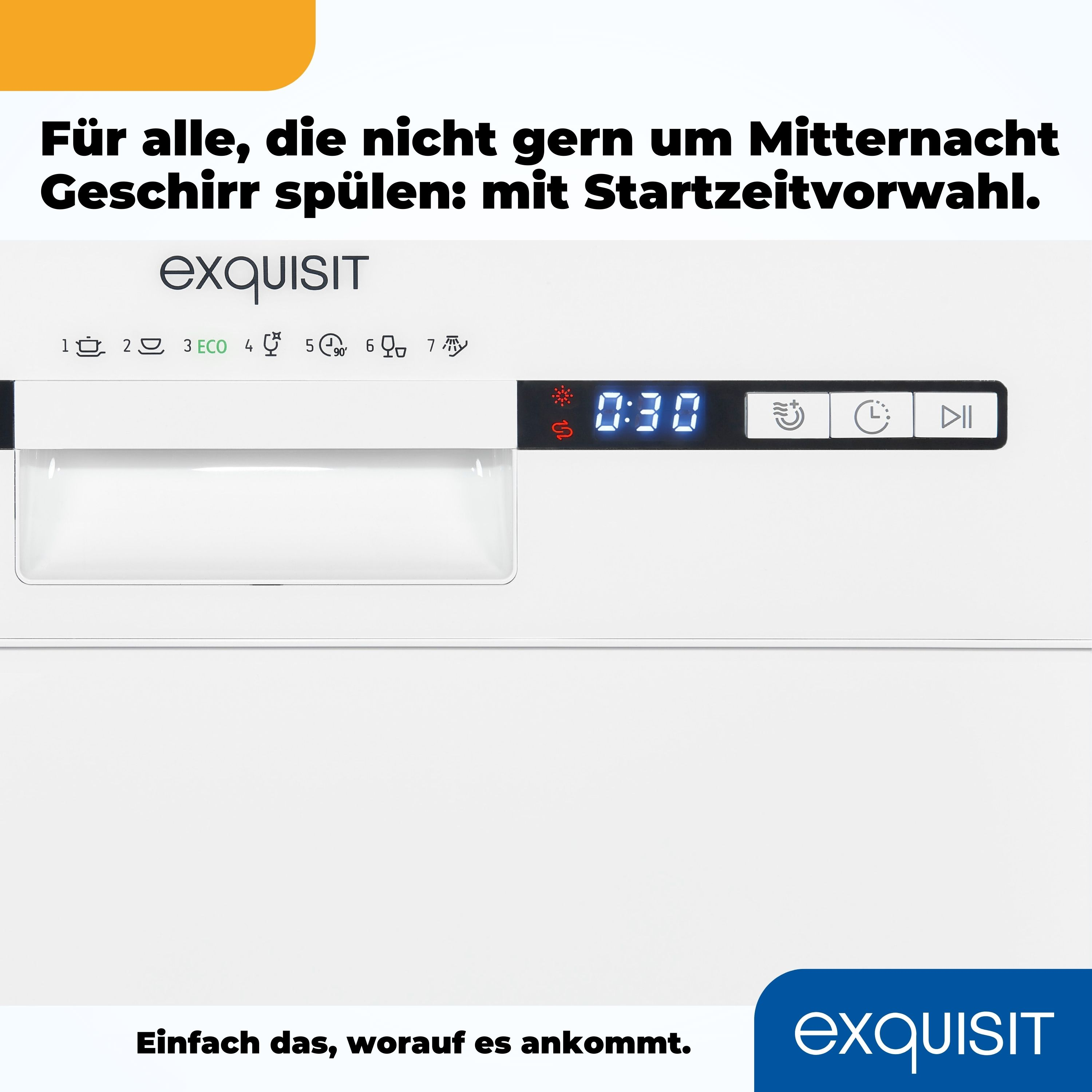 Geschirrspüler-Bedienfeld mit Symbolen und Timeranzeige, weißer Hintergrund.