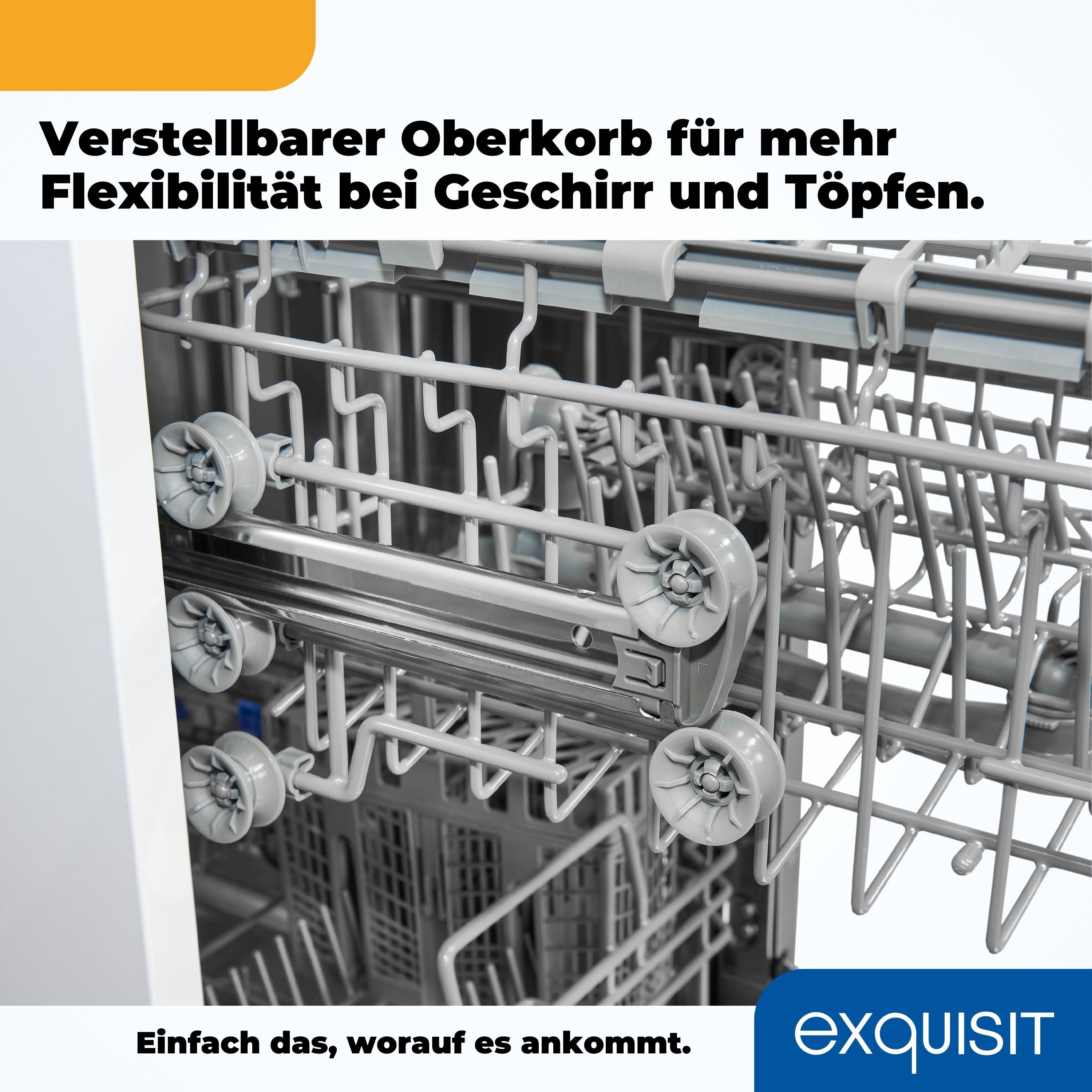 Innenraum eines Geschirrspülers, mit Text darüber: 'Verstellbarer Oberkorb für mehr Flexibilität bei Geschirr'.