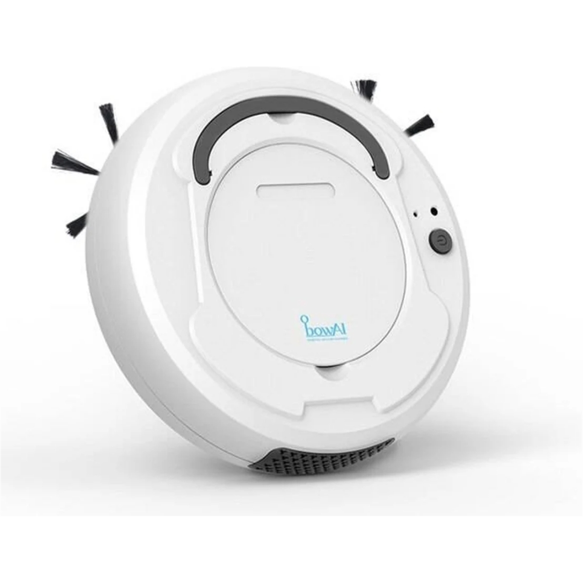 Weißer, runder Roboter-Staubsauger. Er hat Bürsten und einen Ein- / Ausschalter. Marke bowAI.