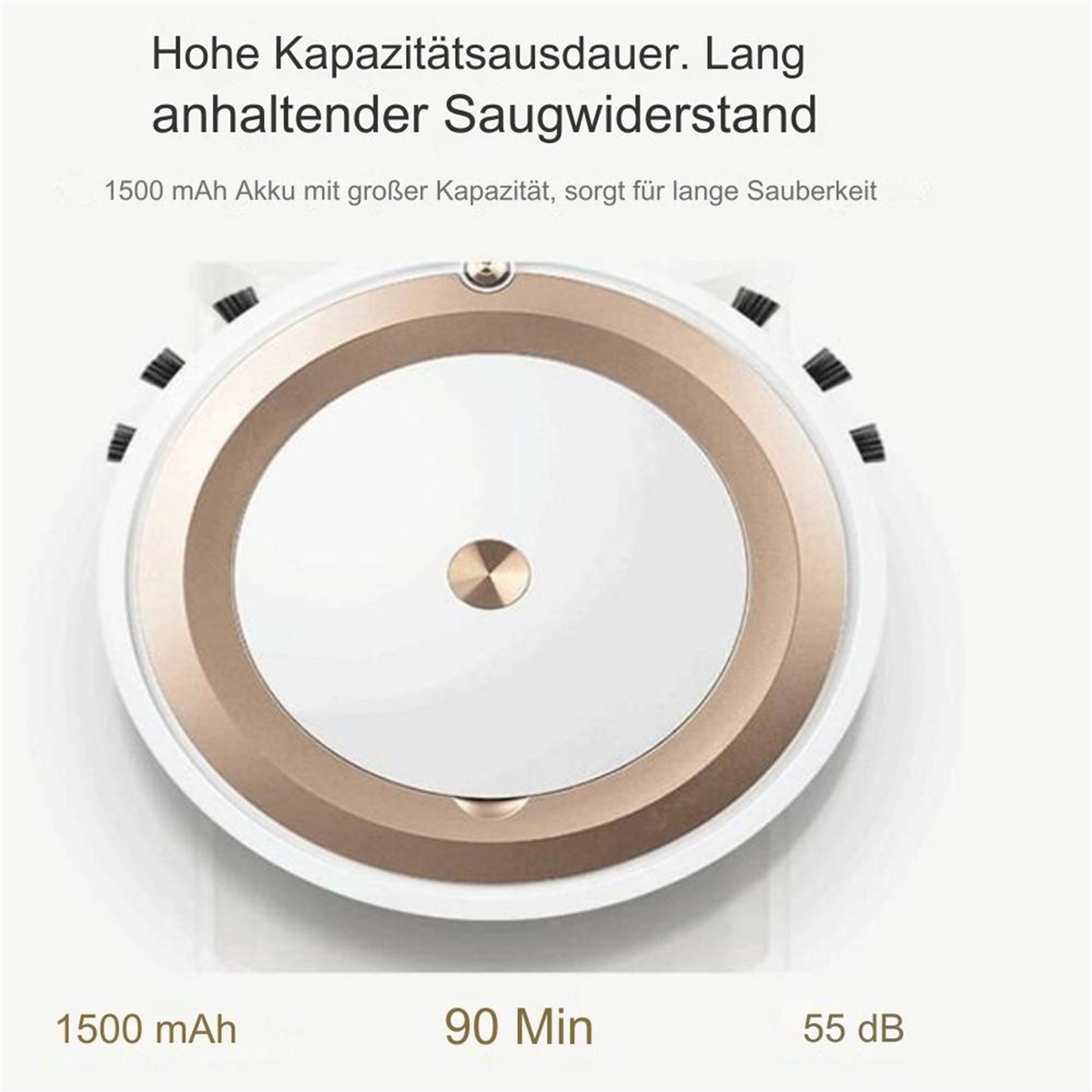 Ein weißer und goldener Roboter-Staubsauger, mit Text, der Akkulaufzeit und Geräuschpegel angibt.