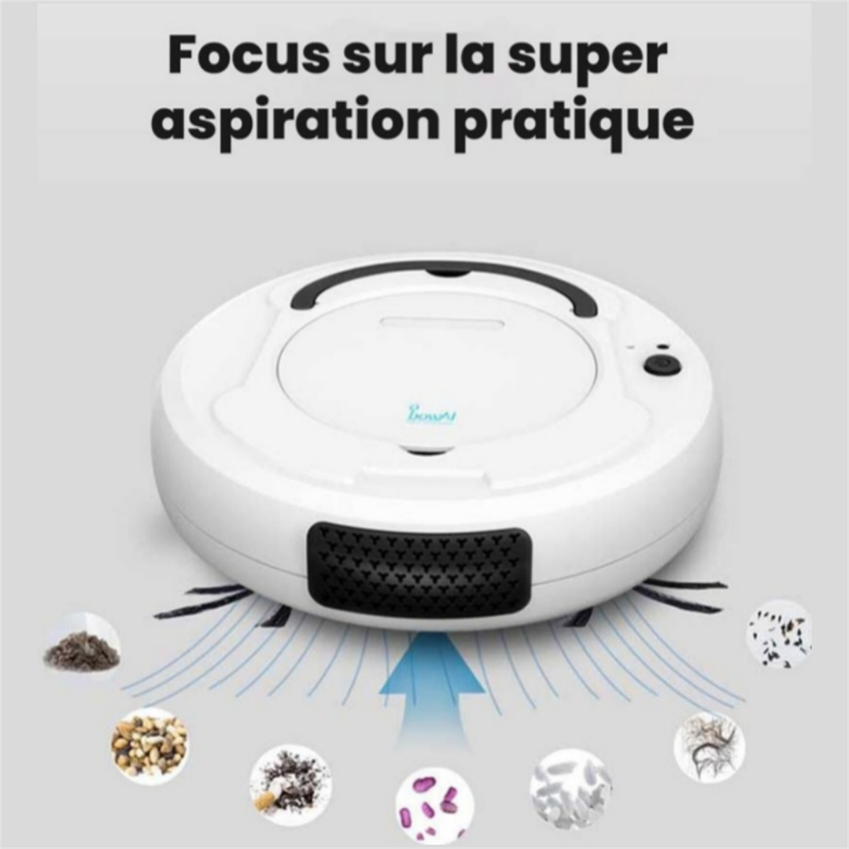 Ein weißer Roboter-Staubsauger. Er hat eine schwarze Oberseite mit einem Saugbereich und einen blauen Pfeil, der die Reinigungsrichtung anzeigt.