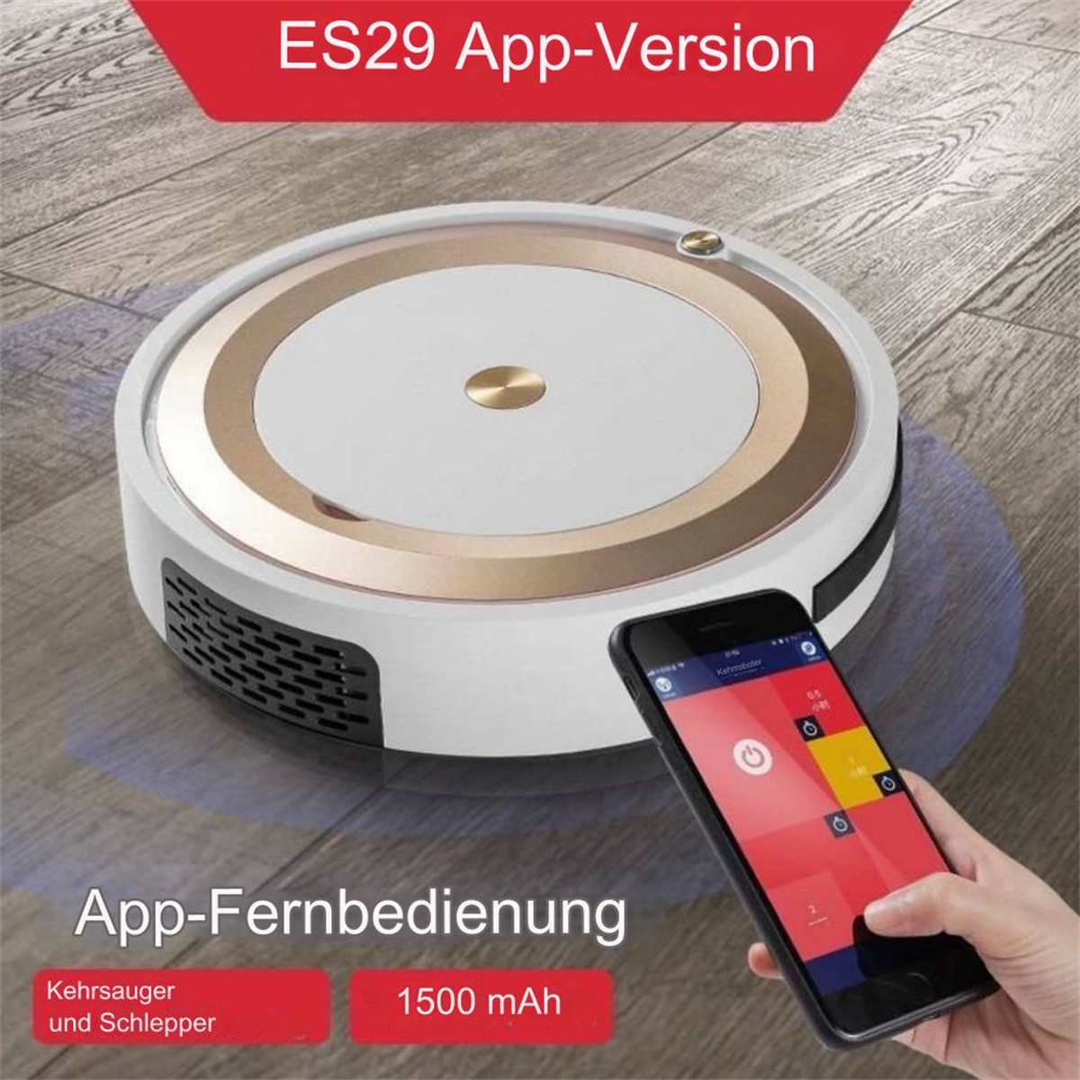Ein Roboter-Staubsauger mit einem Telefon, das die App anzeigt. Der Reiniger ist weiß und gold.