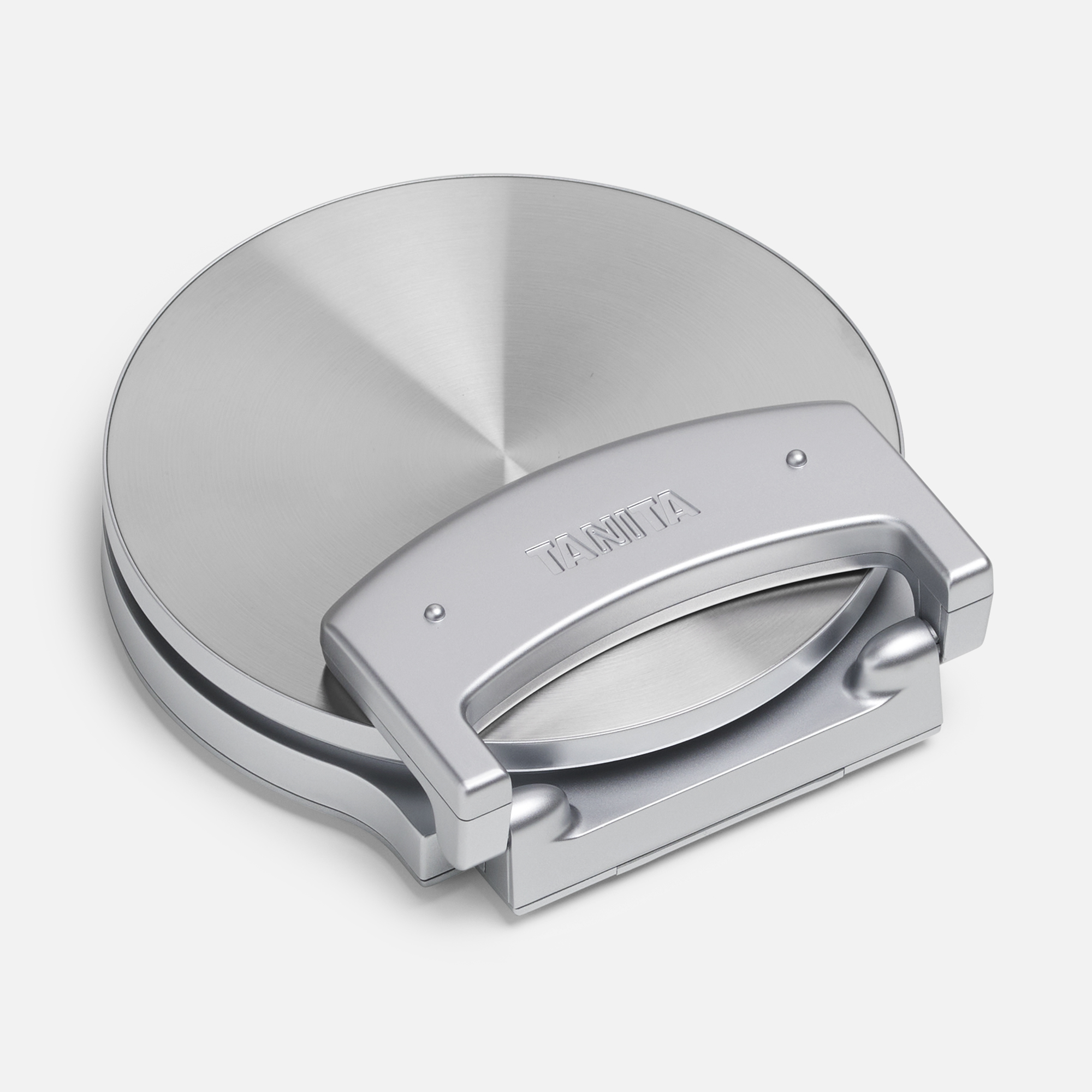 Silver digital kitchen scale with a curved handle, on a white background.