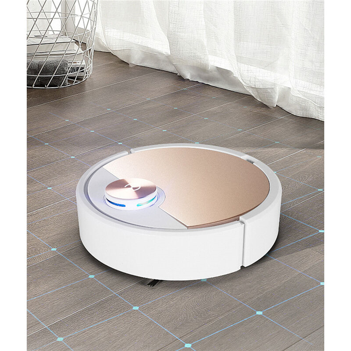 Ein weiß-goldener Roboter-Staubsauger auf einem Holzboden mit blauen Gittern.