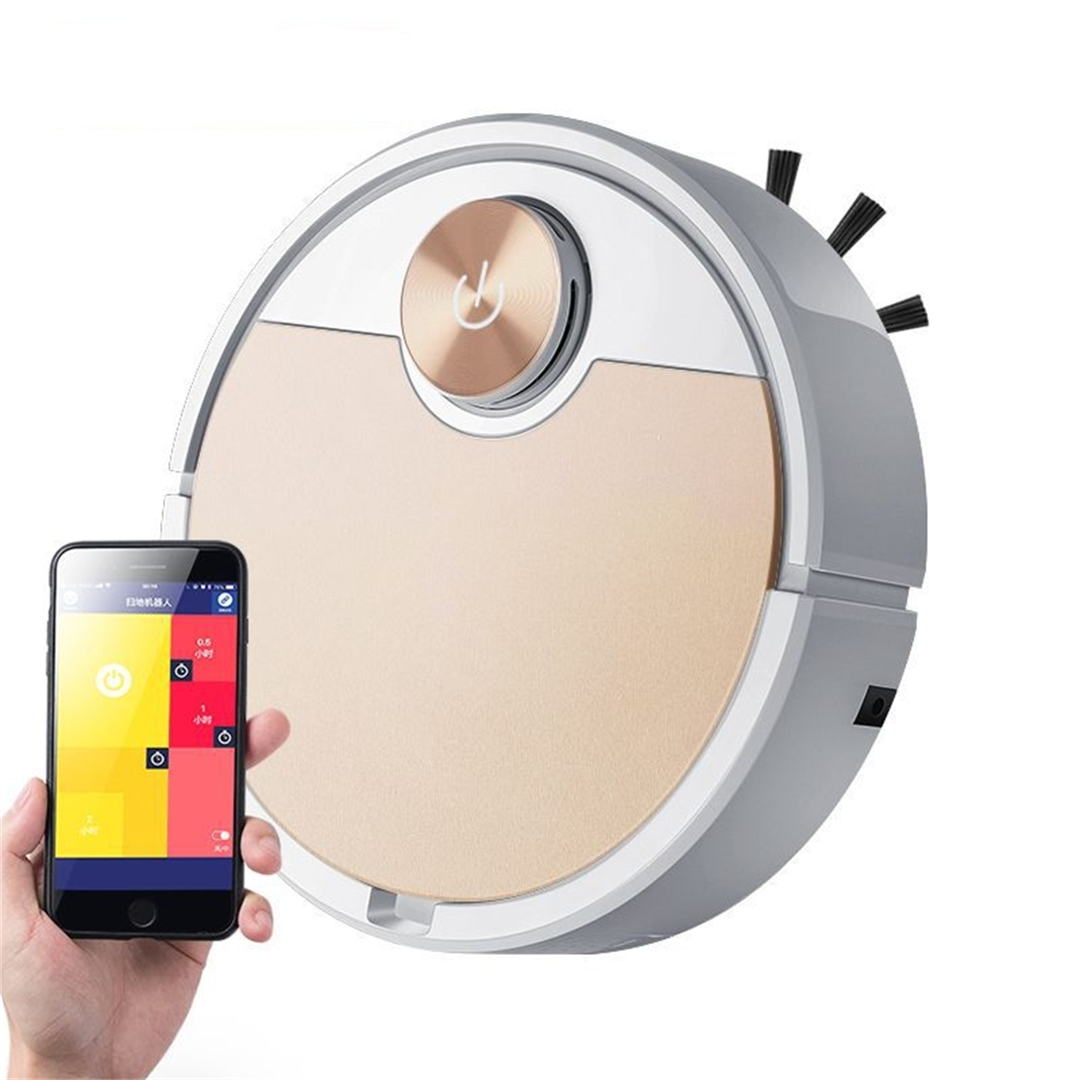 Ein runder Roboter-Staubsauger und ein Smartphone auf weißem Hintergrund.