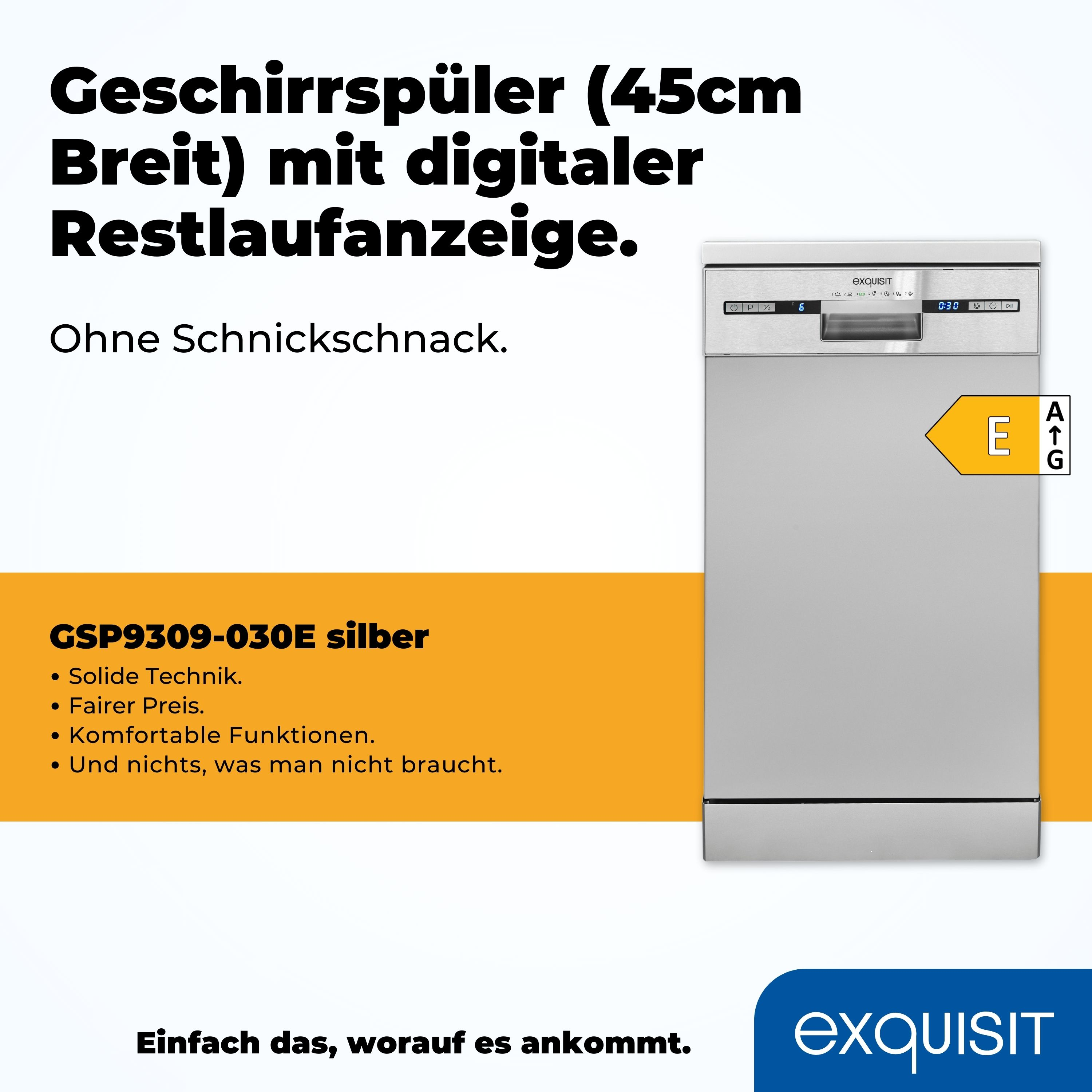 Silberner Geschirrspüler mit Digitalanzeige. Zeigt Energieeffizienz.