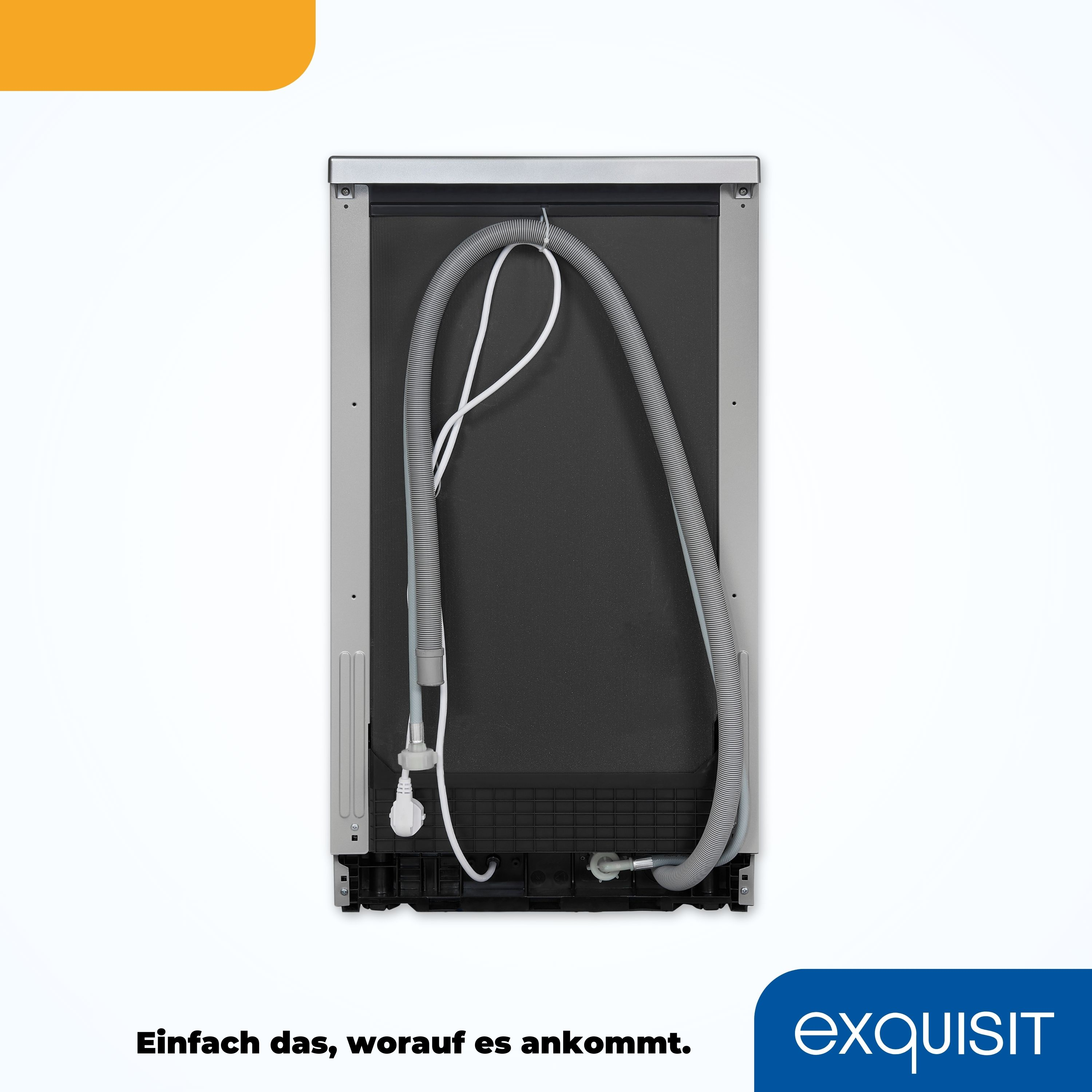 Die Rückseite eines Geschirrspülers mit Schläuchen und weißem Hintergrund mit Text.