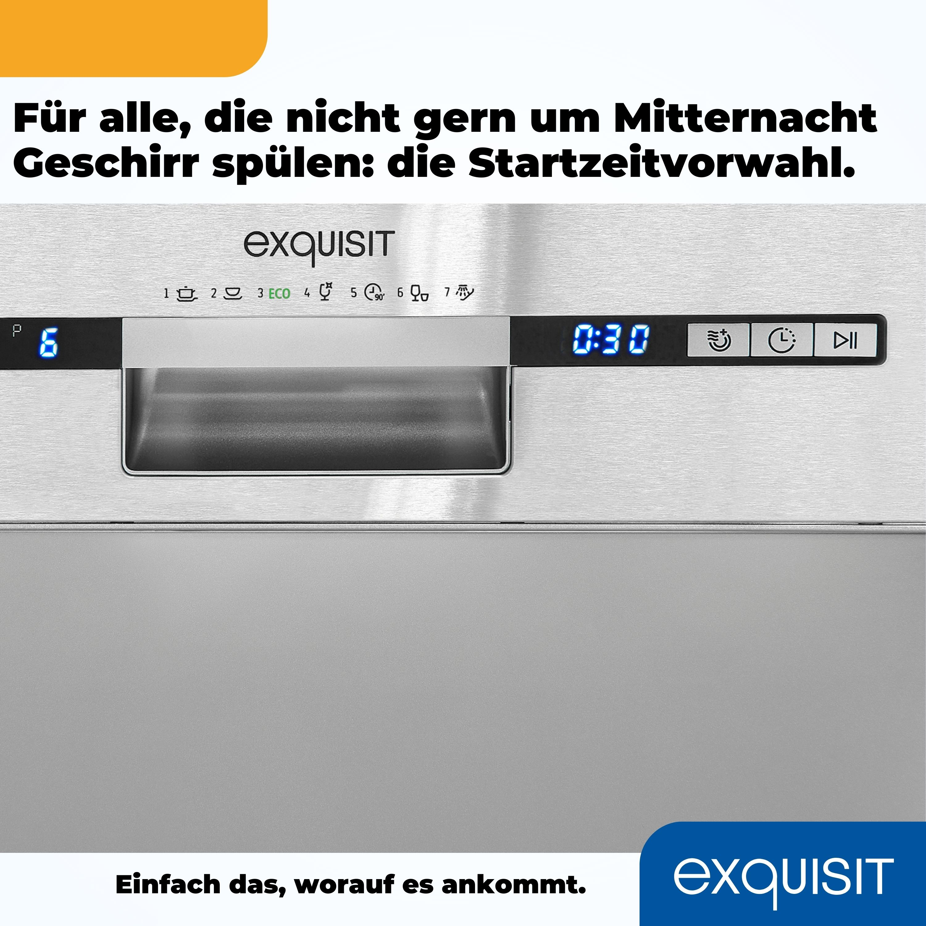 Geschirrspüler-Bedienfeld mit Anzeige 0:30, Tasten und dem Markennamen Exquisit.