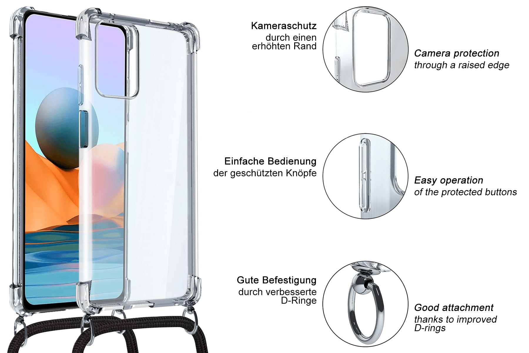 Ein Telefon in einer transparenten Hülle mit Gurt. Die Hülle hat verstärkte Ecken und D-Ringe. Text beschreibt diese Funktionen.