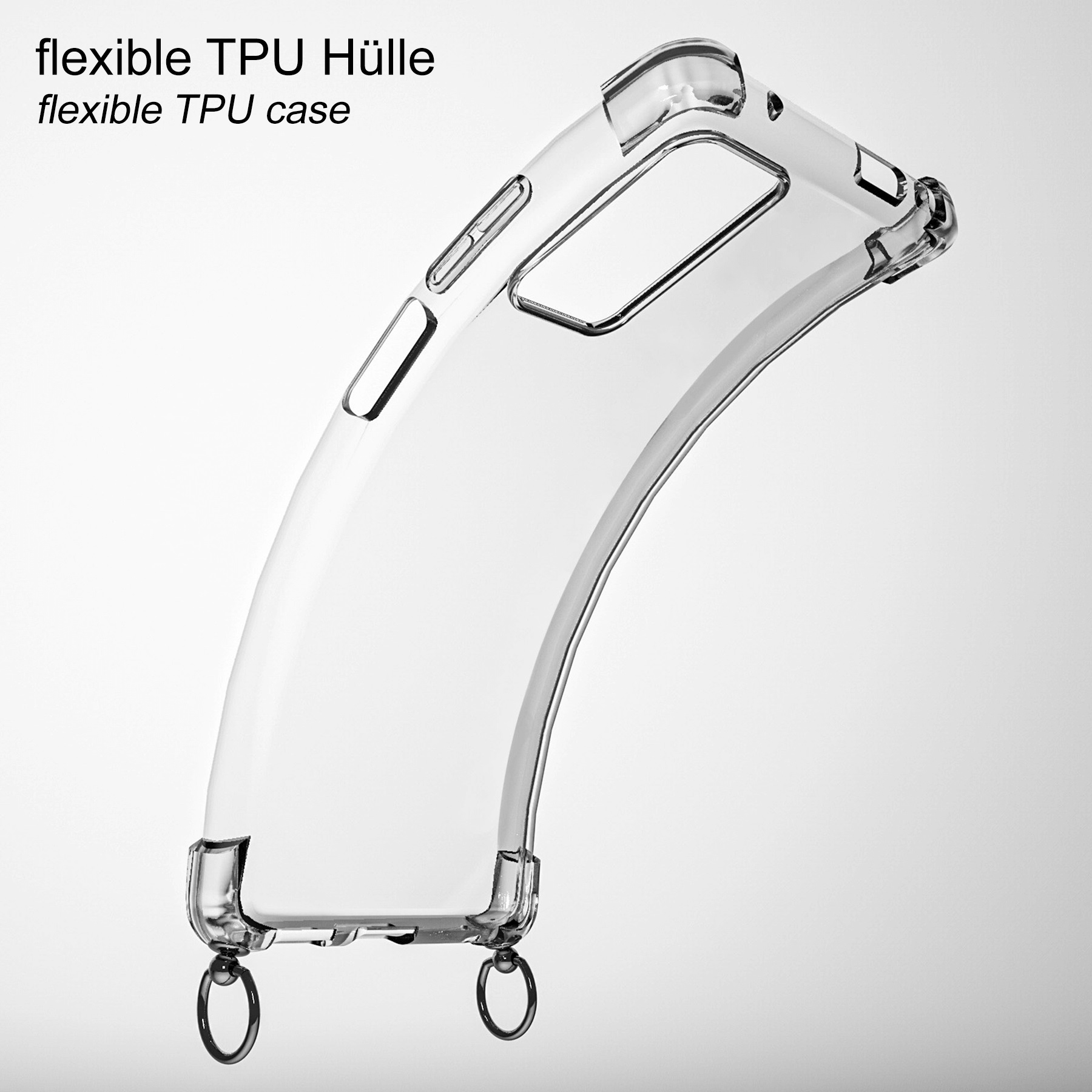 Eine transparente TPU-Hülle für ein Smartphone, gebogene Form, mit zwei Ringen.