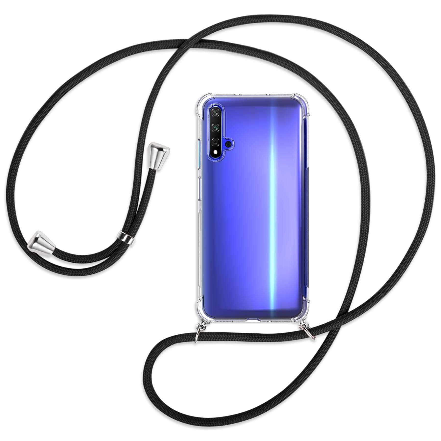 Telefon mit transparenter Hülle und schwarzem Umhängeband. Das Telefon ist blau, das Umhängeband schwarz.