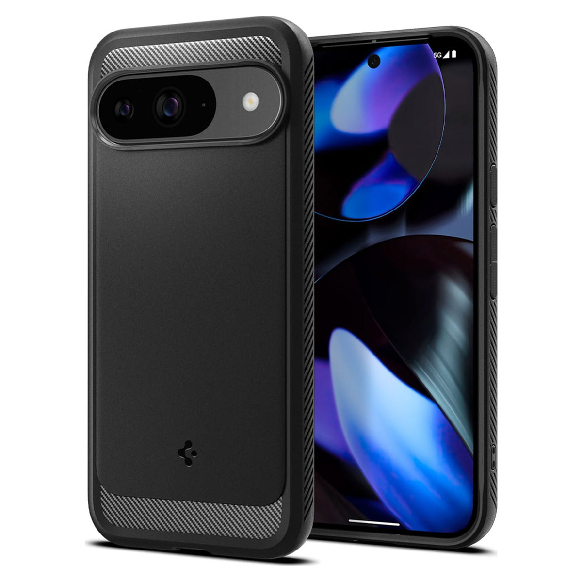 Coque de téléphone noire sur un téléphone. Le téléphone affiche une image abstraite violette et blanche.