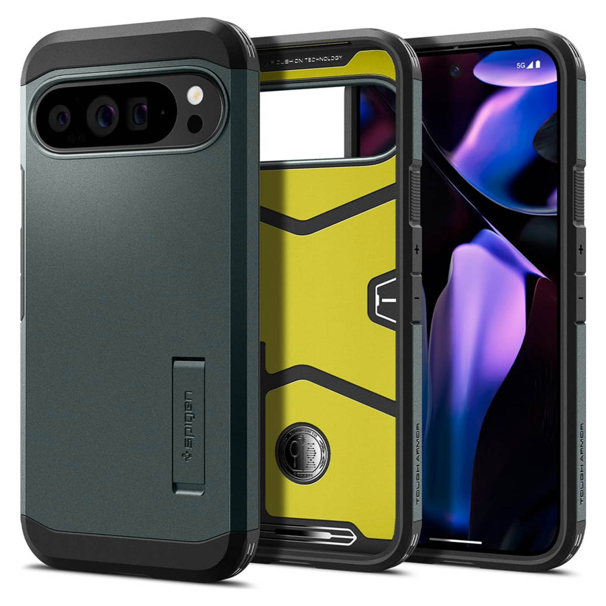 Handyhüllen-Set mit einer dunkelgrünen Hülle, einer gelben Innenhülle und einem Telefon, das ein Bild anzeigt.