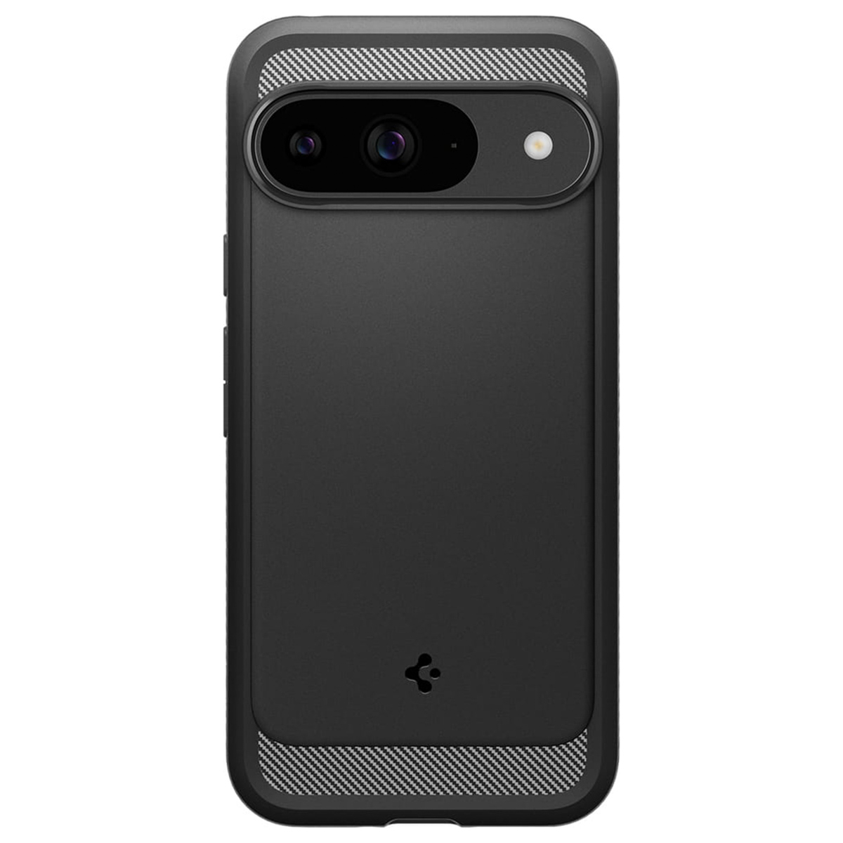 Coque de téléphone noire avec des accents en fibre de carbone en haut et en bas. Découpe pour l'appareil photo.