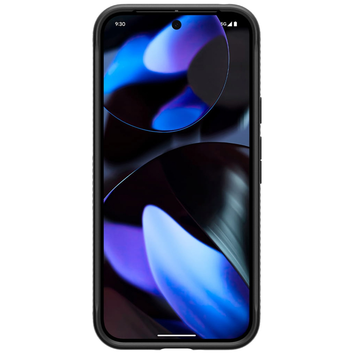 Écran de téléphone affichant un design abstrait violet et bleu vibrant. Le téléphone est dans une coque noire.