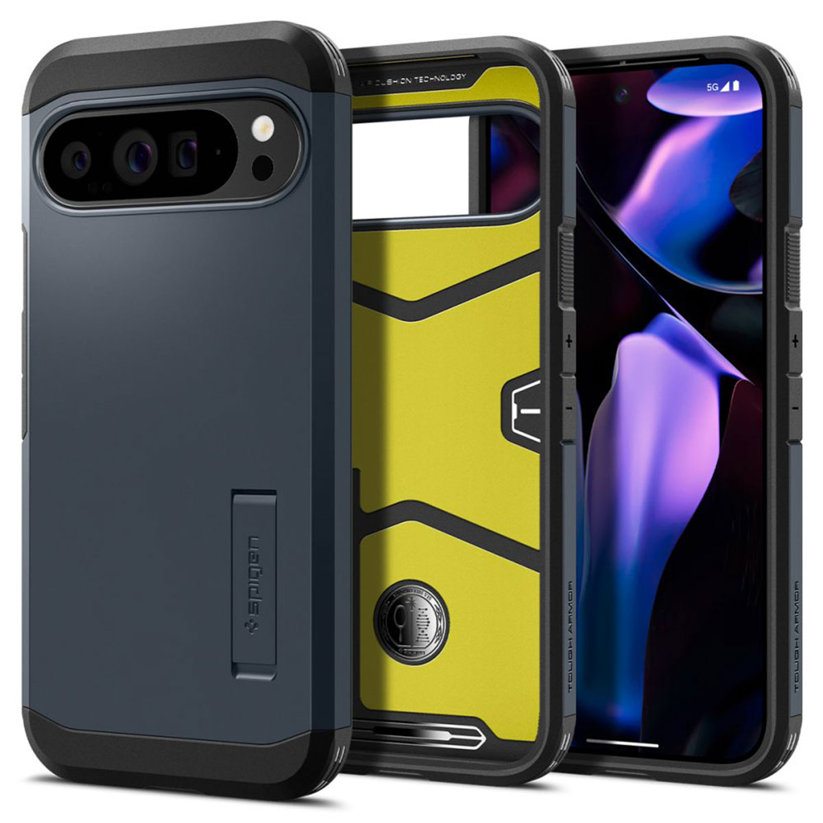 Handyhülle mit blauem Rücken und schwarzem Rahmen, mit einem Telefon darin. Die Hülle ist geöffnet, um das gelbe Innere zu zeigen.