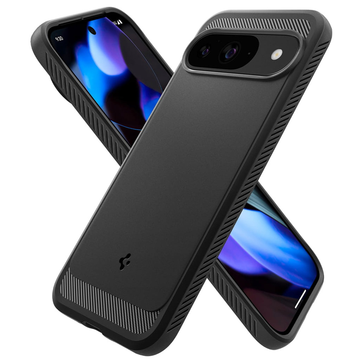 Deux coques de téléphone noires, l'une sur l'autre. La coque supérieure a l'écran du téléphone visible, montrant un motif violet.
