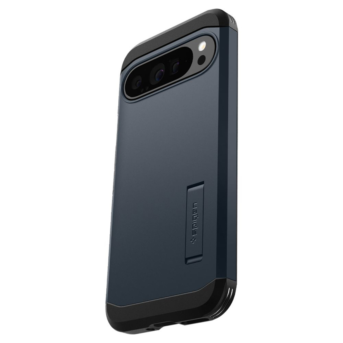 Eine dunkelblaue Handyhülle mit schwarzem Rahmen, mit einem Telefon darin. Die Hülle ist abgewinkelt, um die Seite zu zeigen.