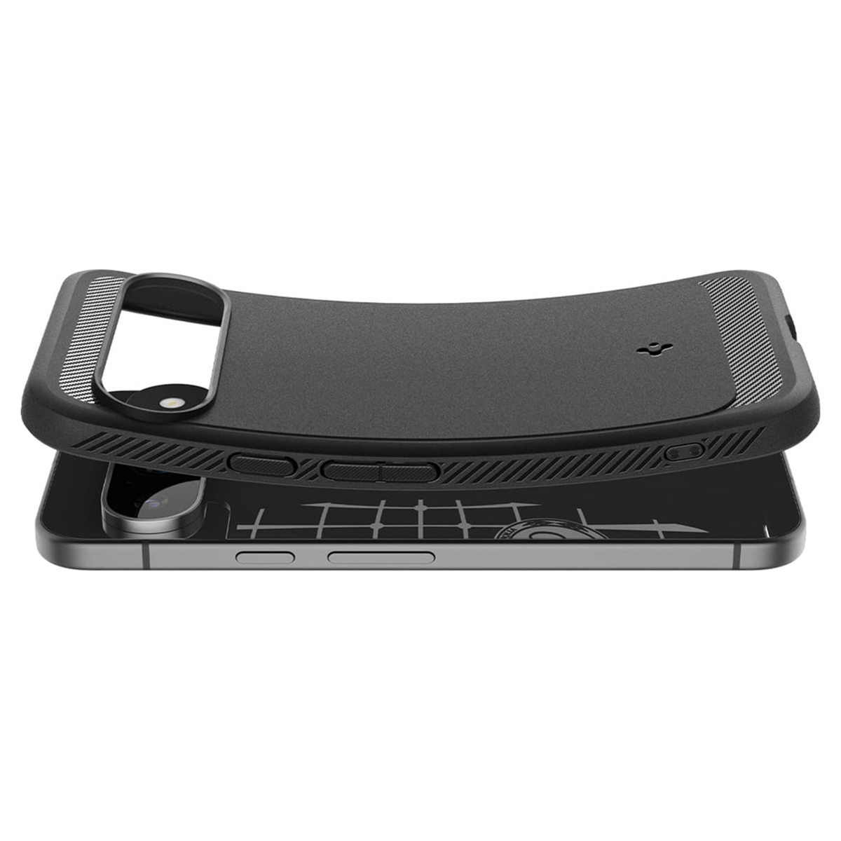 Une coque de téléphone noire avec un téléphone à l'intérieur. L'écran du téléphone est visible, montrant un design noir et blanc.