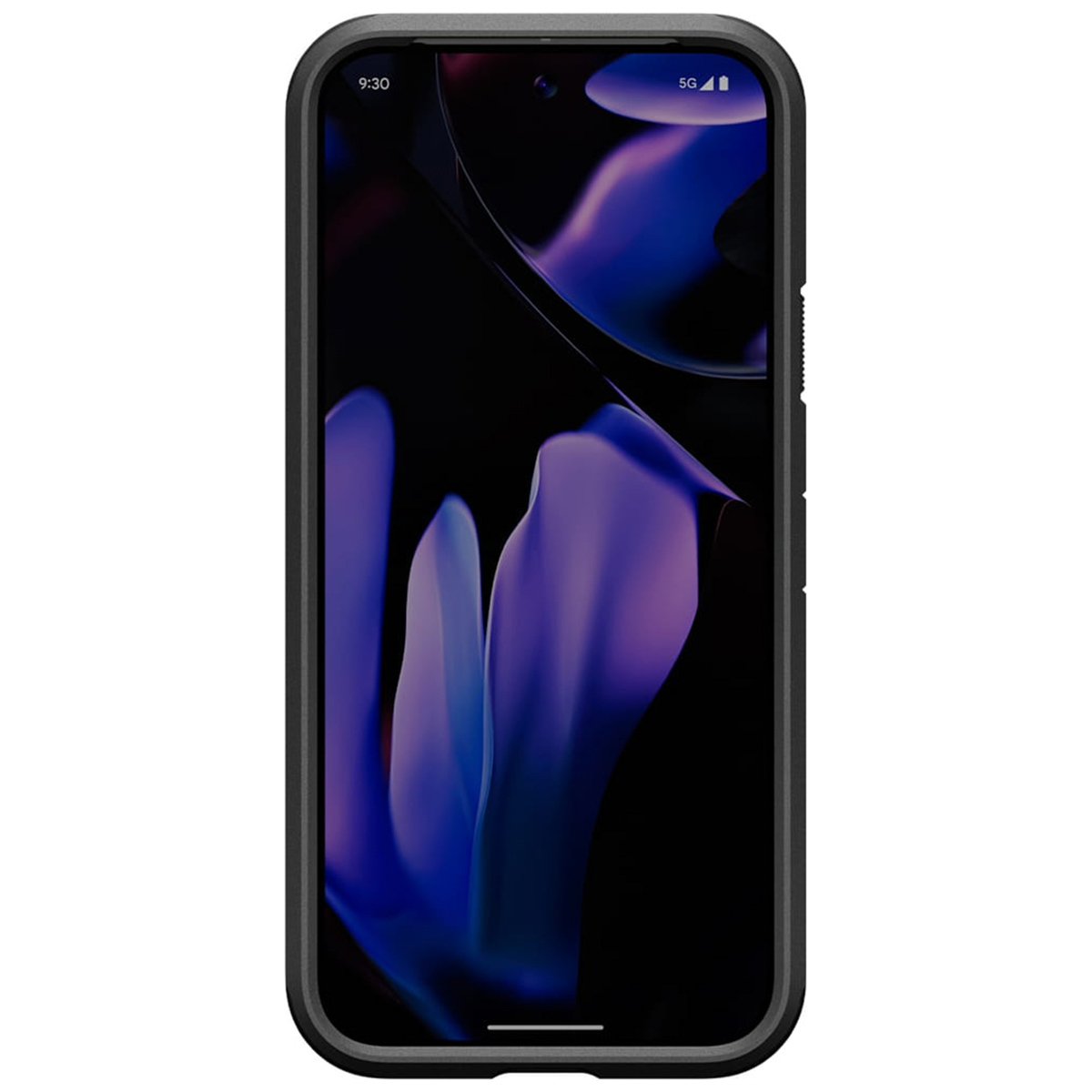 Telefon in schwarzem Gehäuse mit dunklem, lila und blauem, abstraktem Hintergrund auf dem Bildschirm. Zeigt oben 5G an.