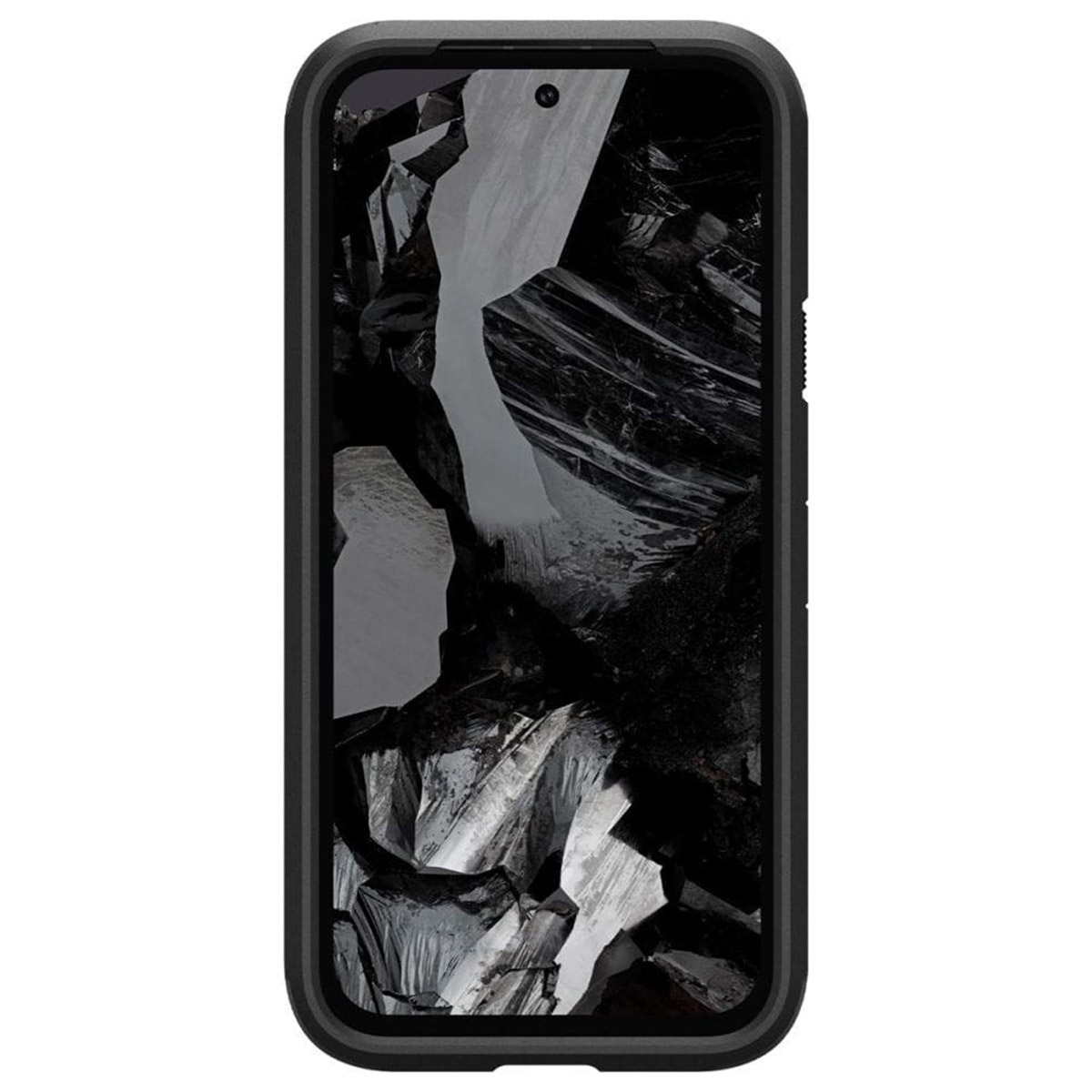 Telefon in schwarzem Gehäuse mit einem schwarz-weißen, felsigen, abstrakten Hintergrund auf dem Bildschirm.
