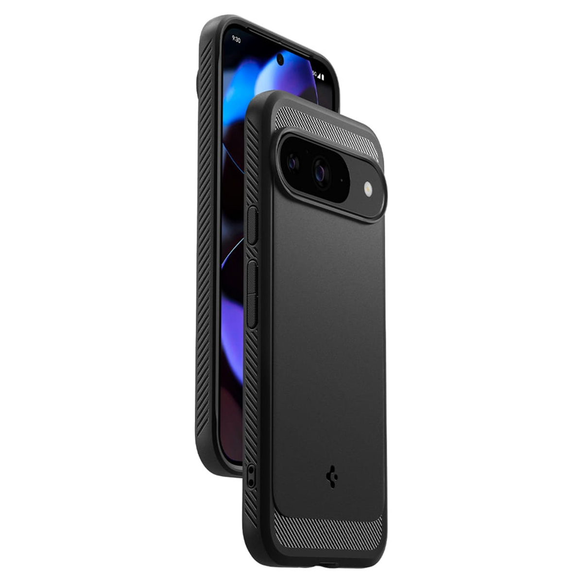 Téléphone noir dans un étui. Le téléphone est sur une surface blanche. L'étui est noir.