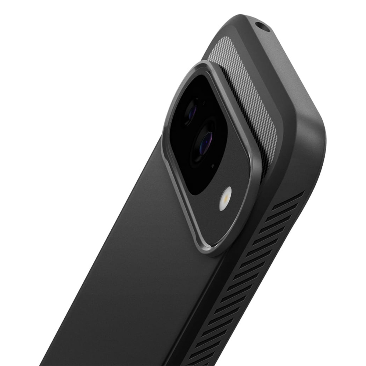 Coque de téléphone noire avec la caméra visible. L'étui est noir et la caméra est visible.
