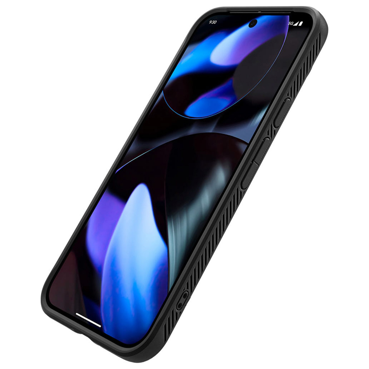 Téléphone noir dans un étui avec un écran affichant un motif violet-bleu. L'étui est noir.