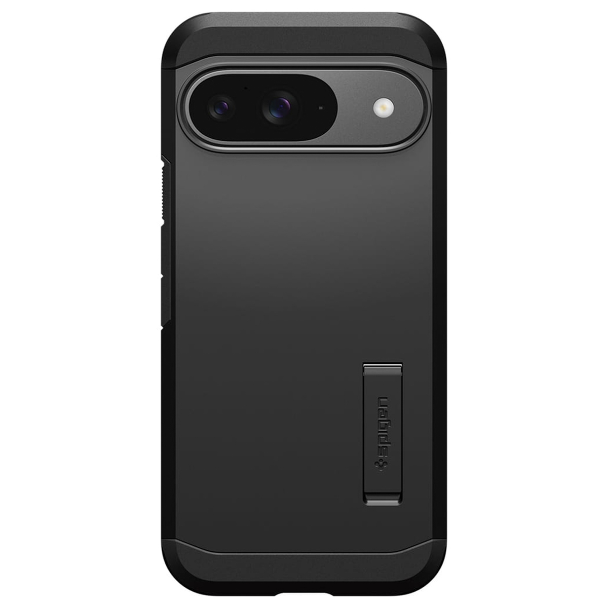 Eine schwarze Handyhülle mit Kameraausschnitt und dem 'Spigen'-Logo. Das Telefon ist nicht sichtbar.