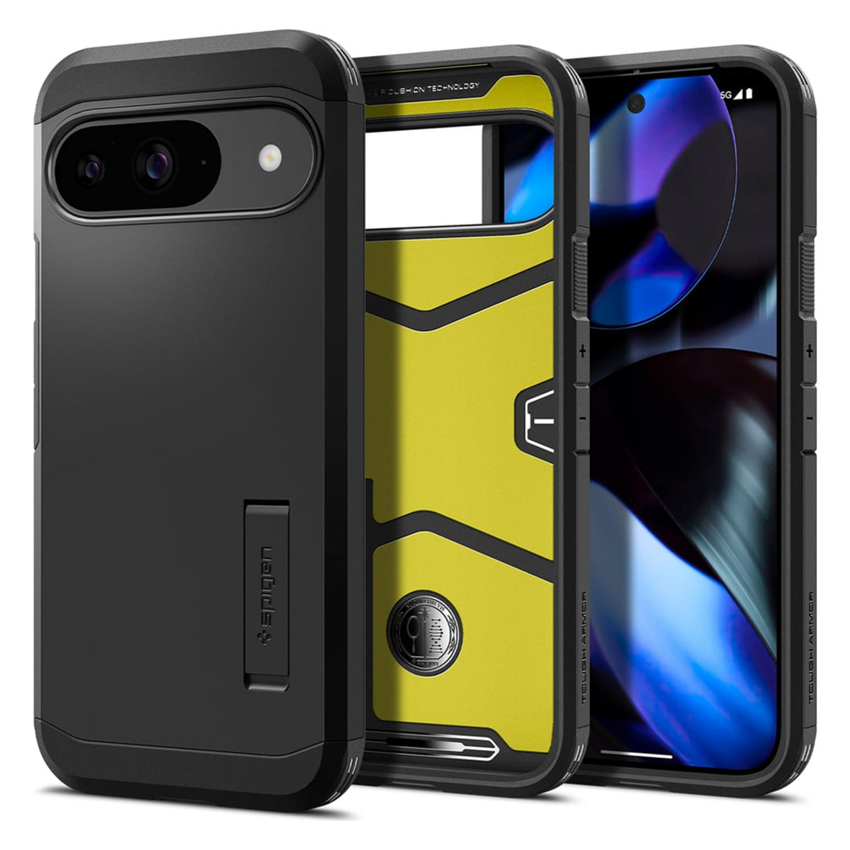 Handyhülle mit Telefon darin. Schwarze Hülle mit gelbem Innenraum, Bildschirm sichtbar. 'Spigen'-Logo.