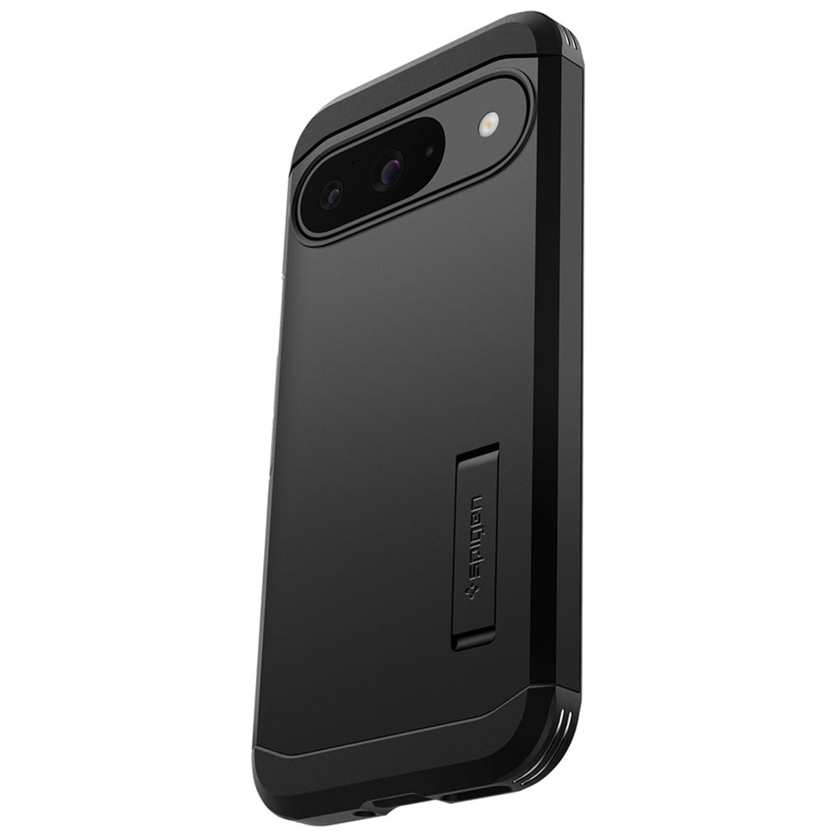 Eine schwarze Handyhülle mit Kameraausschnitt und dem 'Spigen'-Logo. Das Telefon ist leicht angewinkelt.