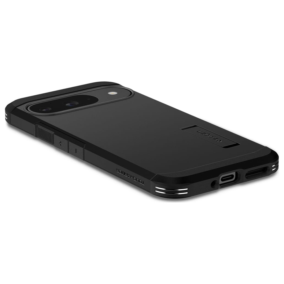 Eine schwarze Handyhülle mit Kameraausschnitt und dem 'Spigen'-Logo. Das Telefon liegt flach.