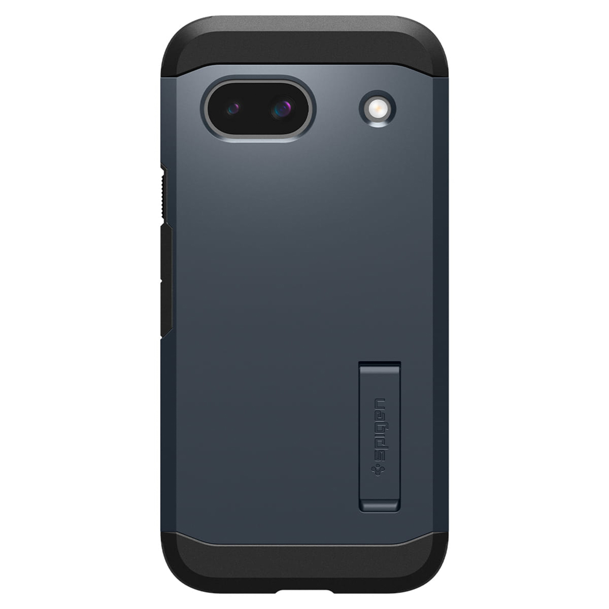 Una custodia per telefono blu scuro con bordo nero. Il logo 'Spigen' è visibile. Il telefono non è visibile.
