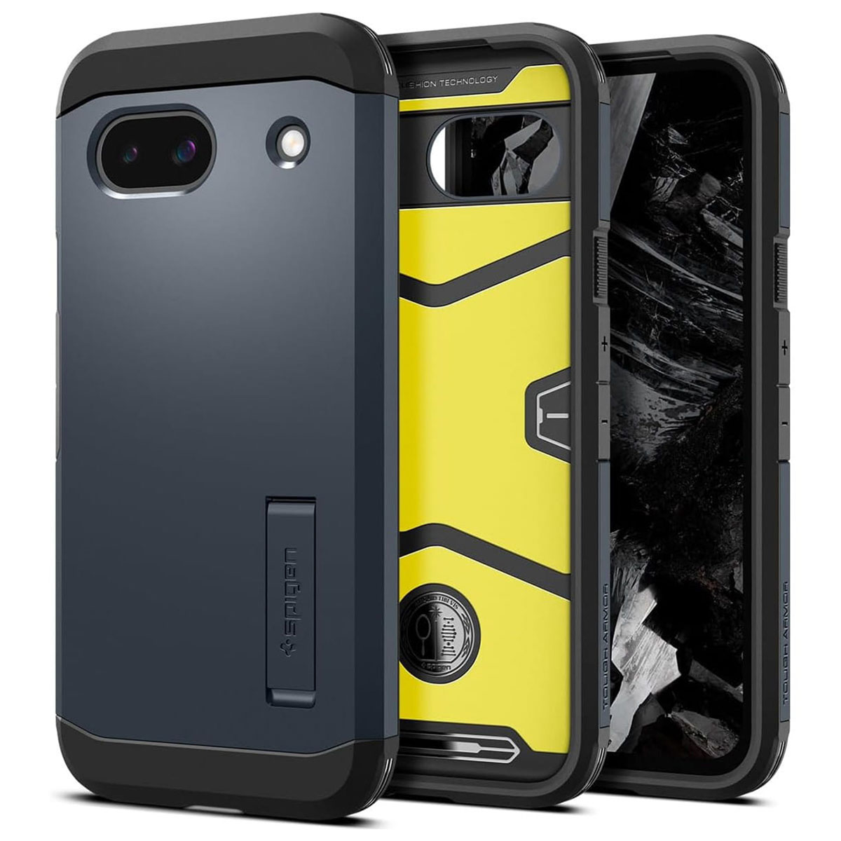 Una custodia per telefono con telefono all'interno. La custodia è blu scuro, con interno giallo. Schermo visibile.